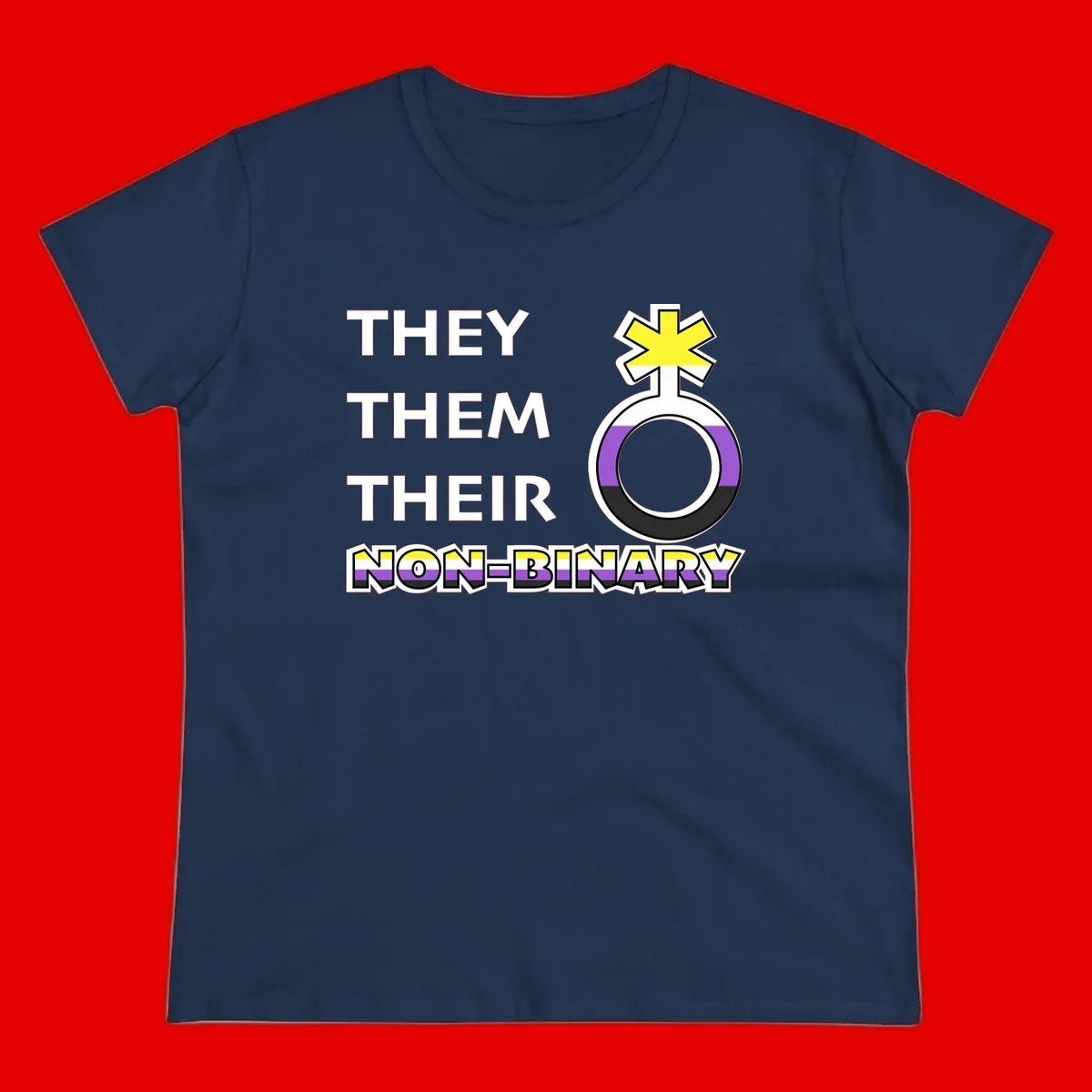 They/Them/Their Non-Binary Pride design featuring a female symbol in non-binary flag colors with bold text pronouns