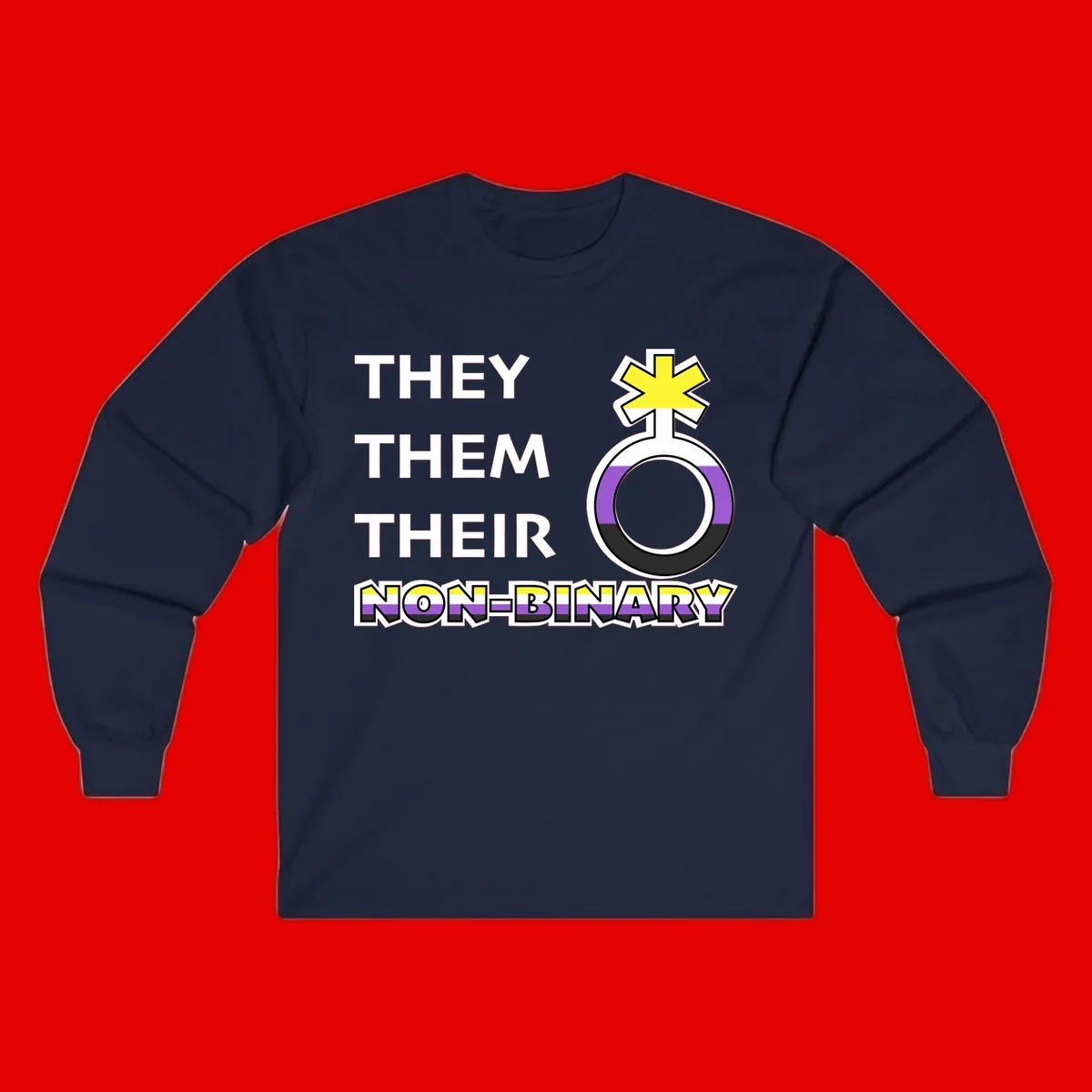 They/Them/Their Non-Binary Pride design featuring a female symbol in non-binary flag colors with bold text pronouns