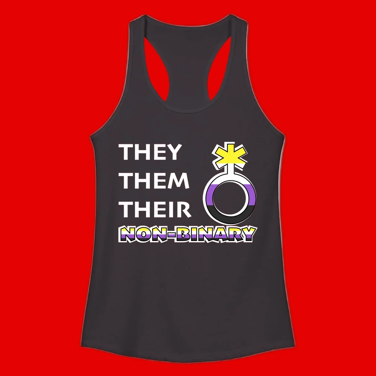 They/Them/Their Non-Binary Pride design featuring a female symbol in non-binary flag colors with bold text pronouns