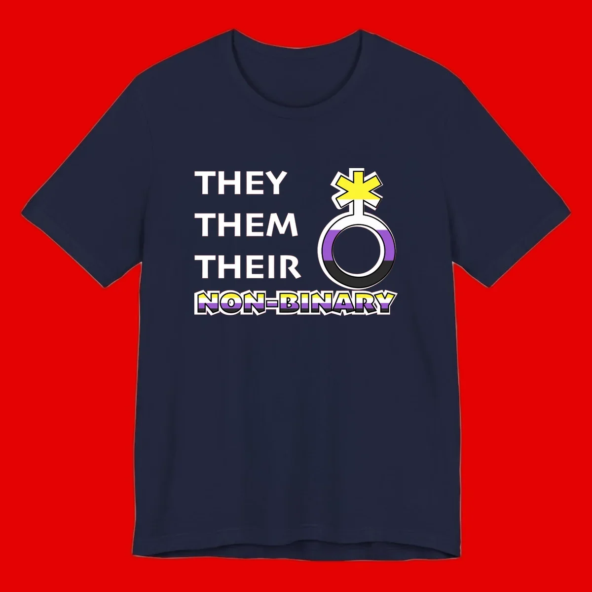 They/Them/Their Non-Binary Pride design featuring a female symbol in non-binary flag colors with bold text pronouns
