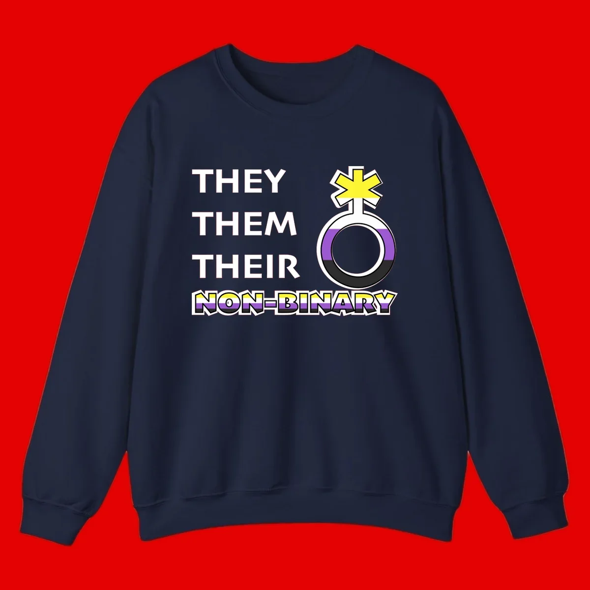 They/Them/Their Non-Binary Pride design featuring a female symbol in non-binary flag colors with bold text pronouns