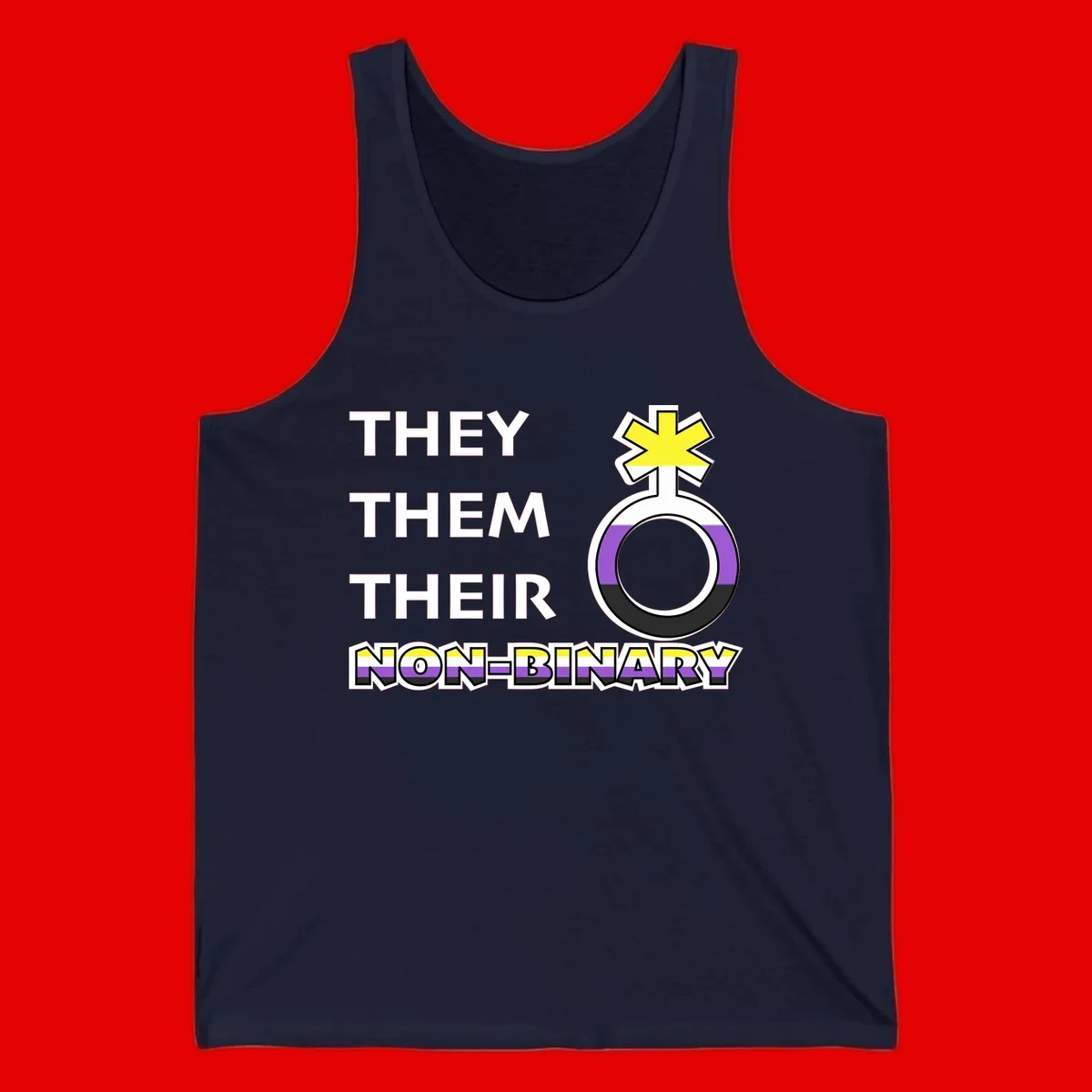 They/Them/Their Non-Binary Pride design featuring a female symbol in non-binary flag colors with bold text pronouns