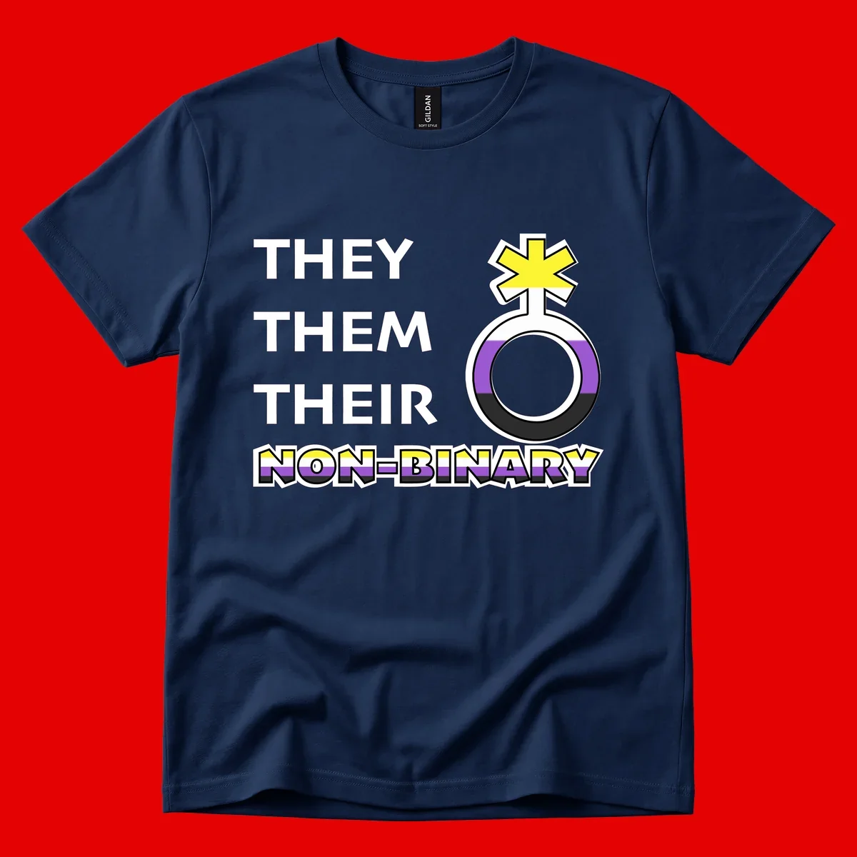 They/Them/Their Non-Binary Pride design featuring a female symbol in non-binary flag colors with bold text pronouns