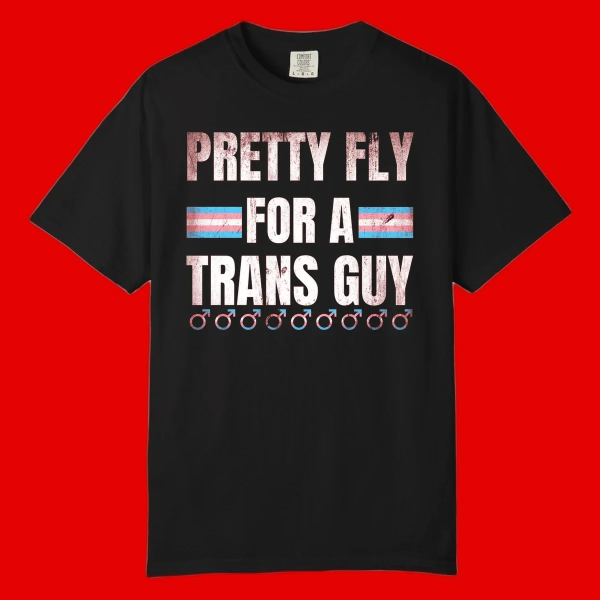 Distressed white text reading 'Pretty Fly For A Trans Guy' with blue and pink transgender pride stripes and male gender symbols