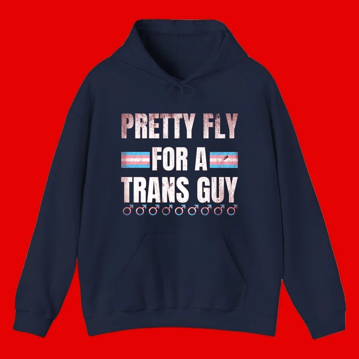 Distressed white text reading 'Pretty Fly For A Trans Guy' with blue and pink transgender pride stripes and male gender symbols