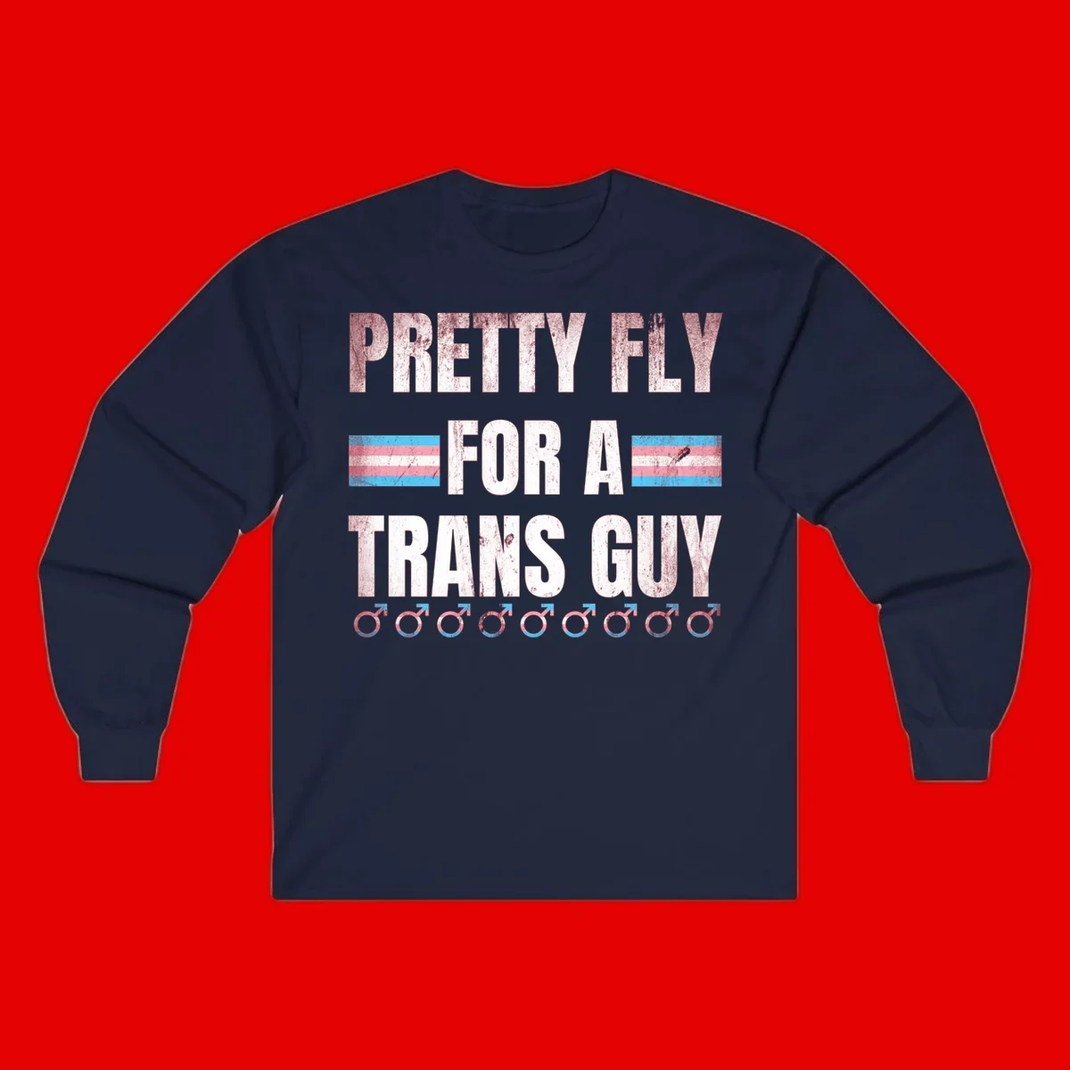 Distressed white text reading 'Pretty Fly For A Trans Guy' with blue and pink transgender pride stripes and male gender symbols