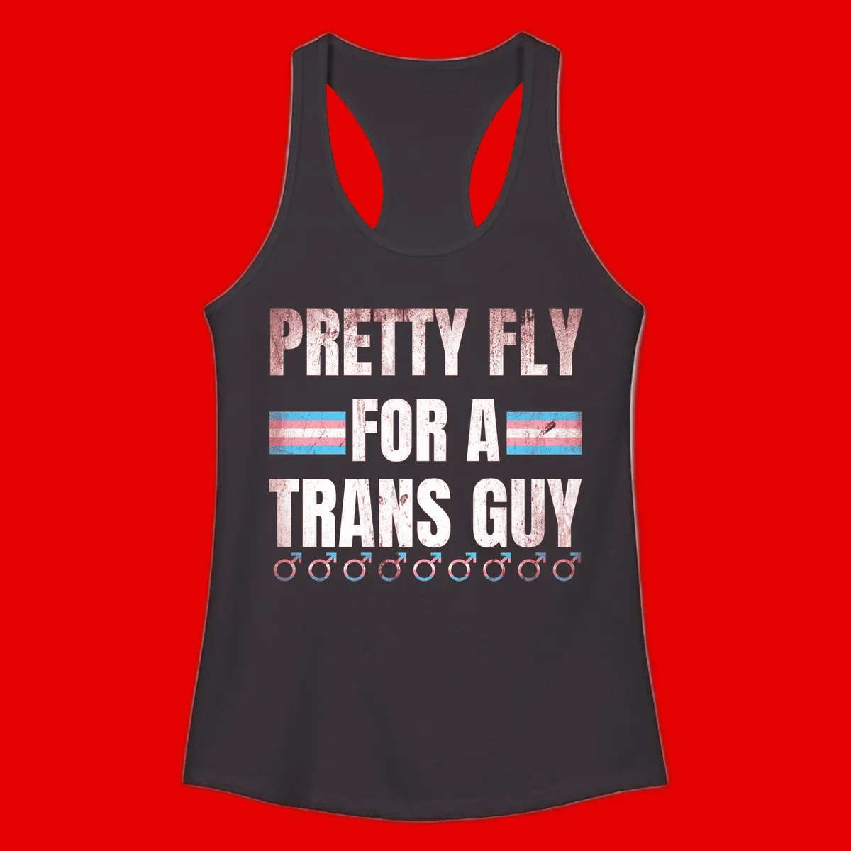 Distressed white text reading 'Pretty Fly For A Trans Guy' with blue and pink transgender pride stripes and male gender symbols