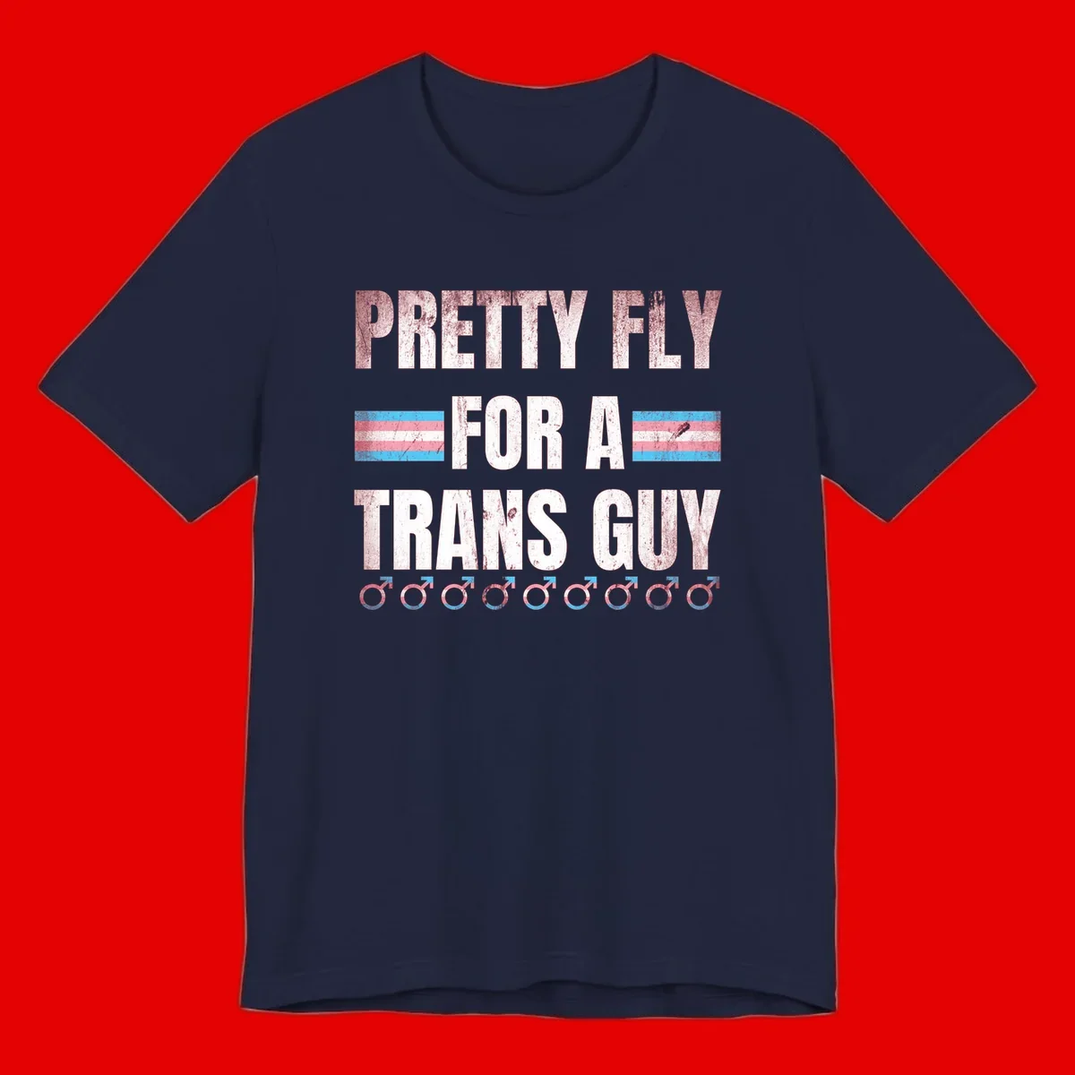 Distressed white text reading 'Pretty Fly For A Trans Guy' with blue and pink transgender pride stripes and male gender symbols