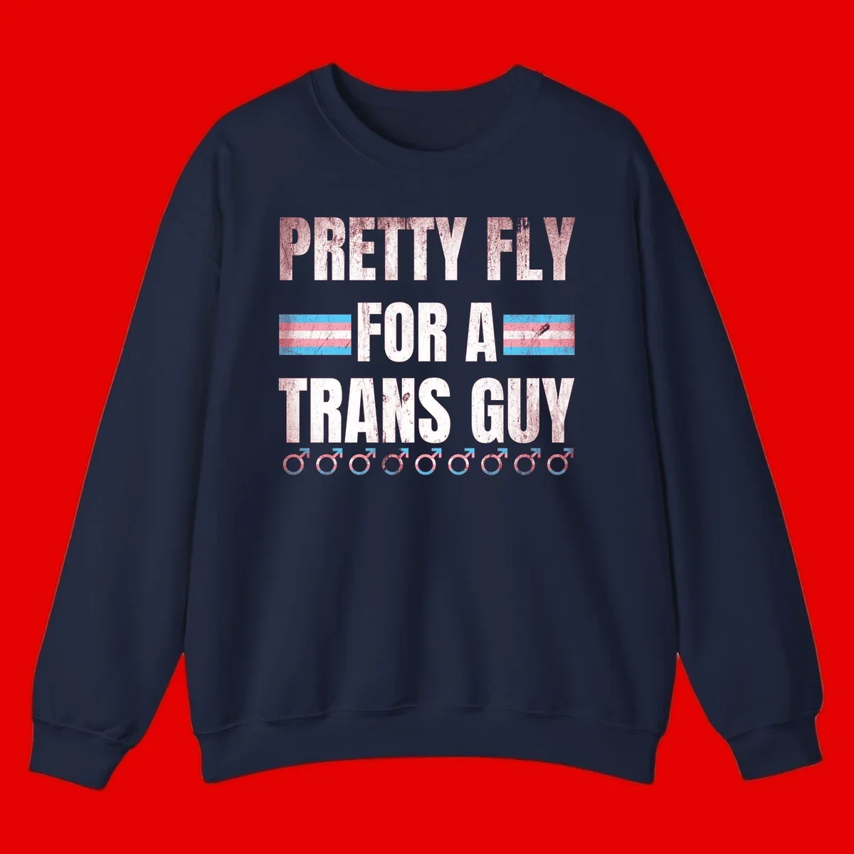 Distressed white text reading 'Pretty Fly For A Trans Guy' with blue and pink transgender pride stripes and male gender symbols