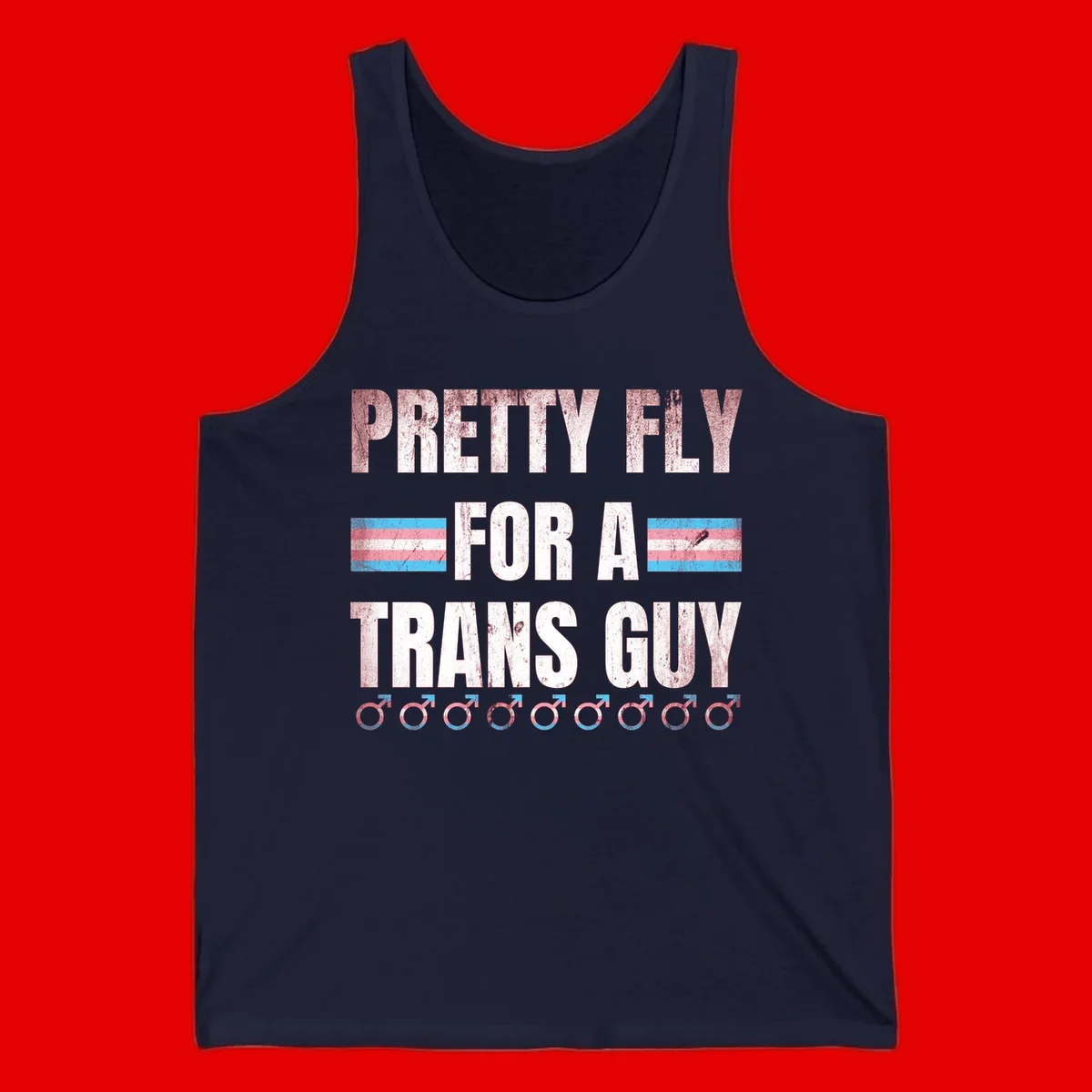 Distressed white text reading 'Pretty Fly For A Trans Guy' with blue and pink transgender pride stripes and male gender symbols
