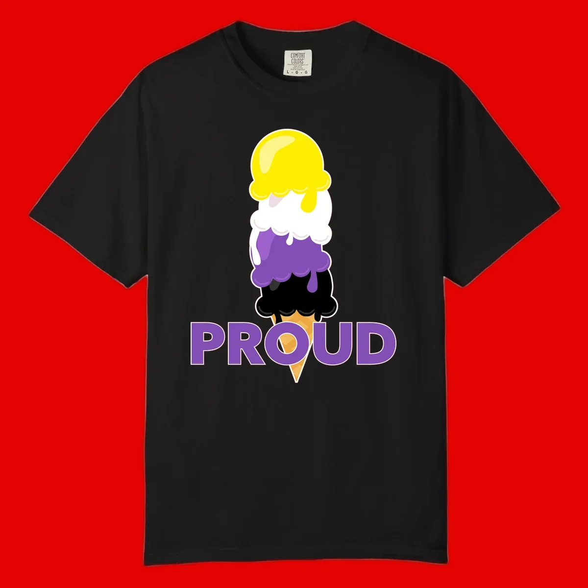 Colorful stacked ice cream cone with yellow, white, purple, and black scoops dripping down a waffle cone, with the word PROUD below