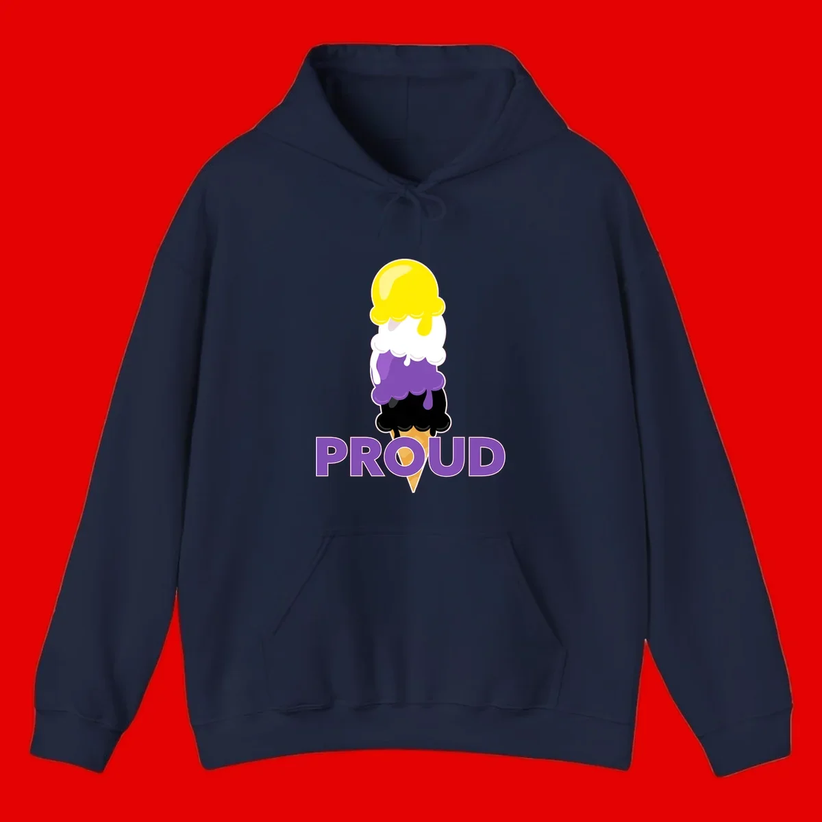 Colorful stacked ice cream cone with yellow, white, purple, and black scoops dripping down a waffle cone, with the word PROUD below