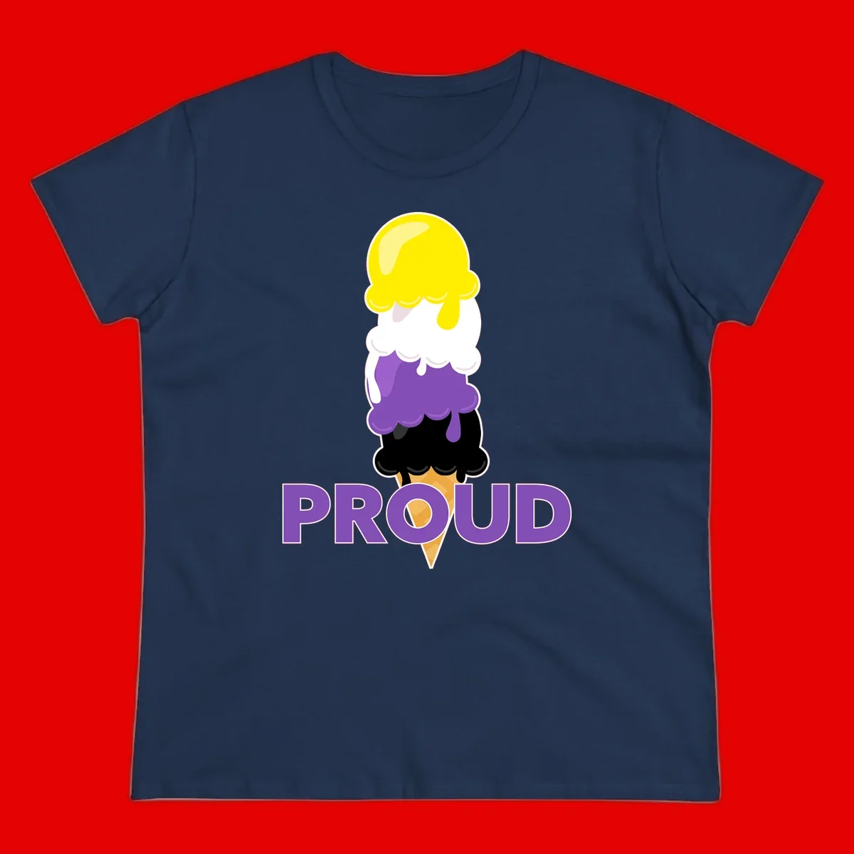 Colorful stacked ice cream cone with yellow, white, purple, and black scoops dripping down a waffle cone, with the word PROUD below