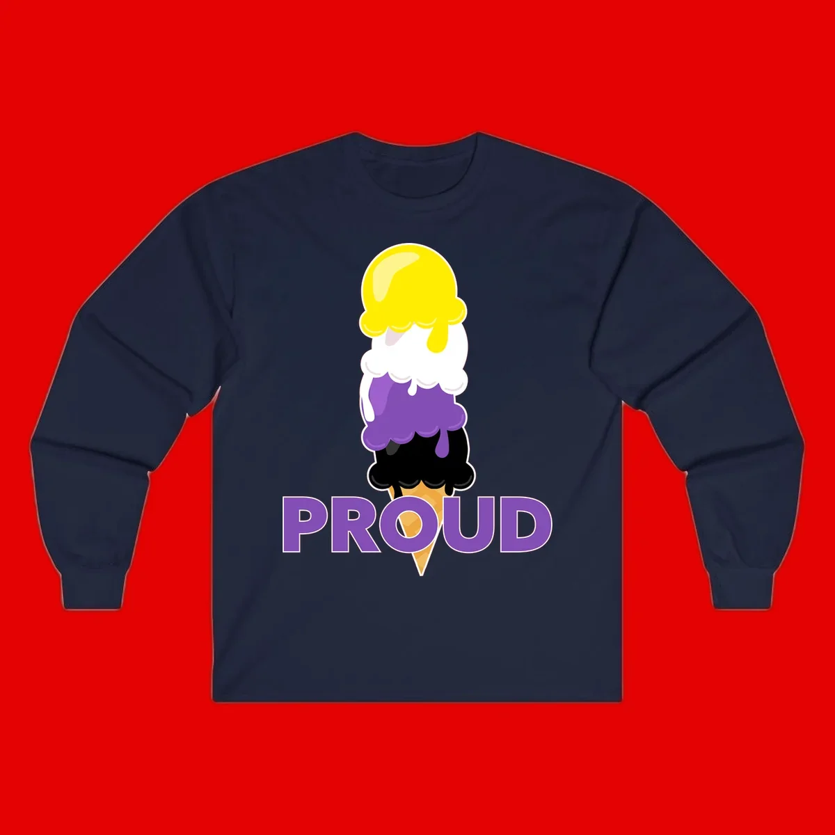 Colorful stacked ice cream cone with yellow, white, purple, and black scoops dripping down a waffle cone, with the word PROUD below