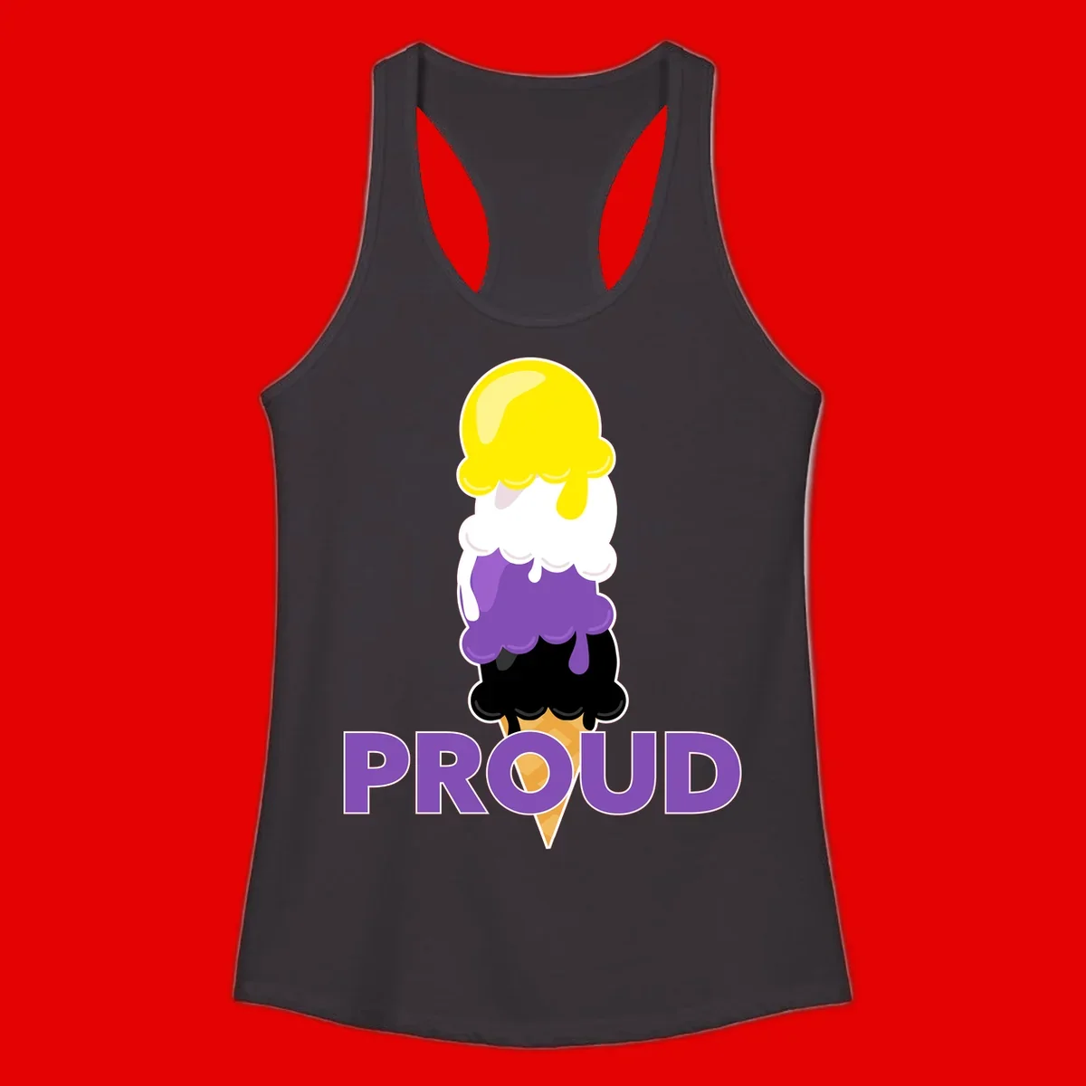 Colorful stacked ice cream cone with yellow, white, purple, and black scoops dripping down a waffle cone, with the word PROUD below