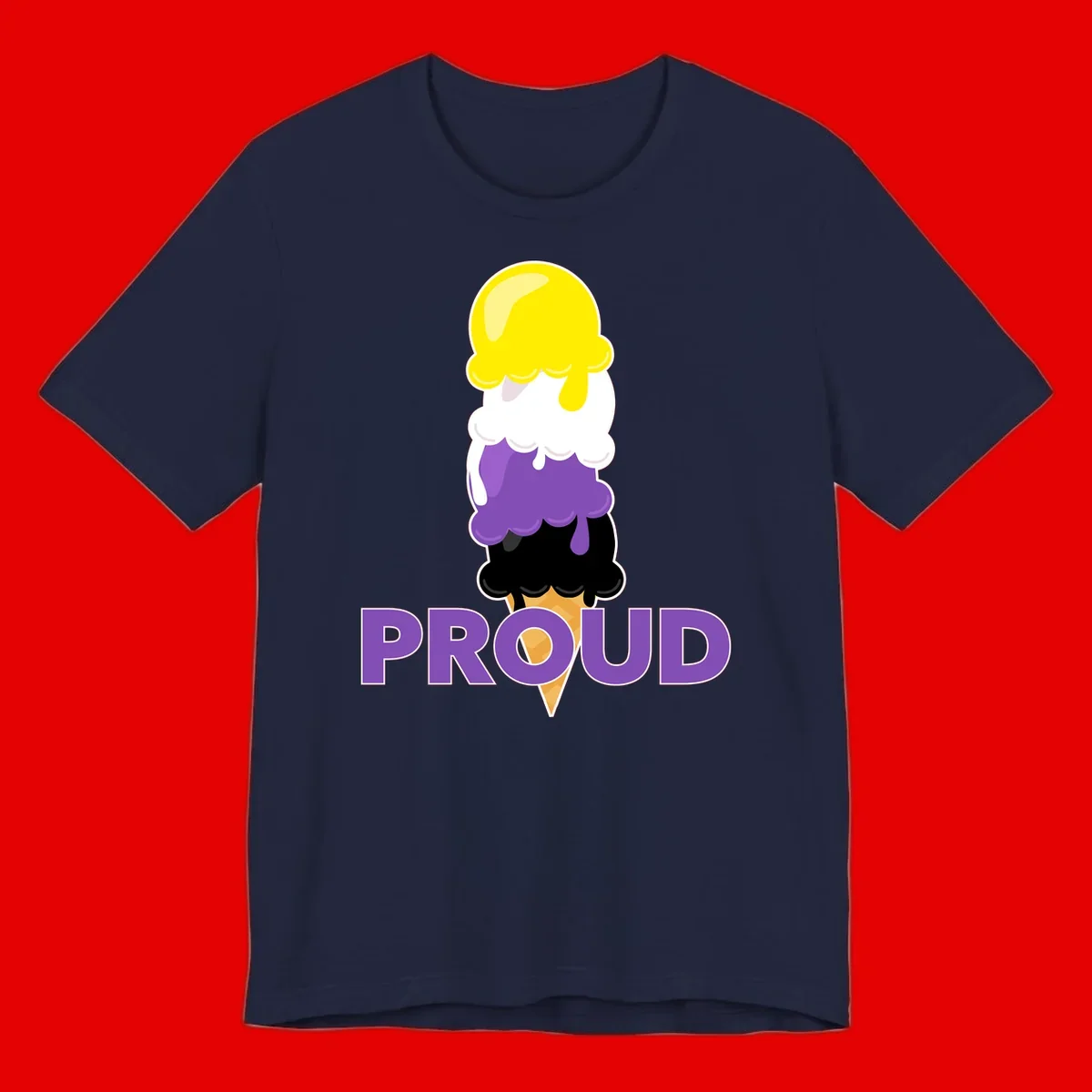Colorful stacked ice cream cone with yellow, white, purple, and black scoops dripping down a waffle cone, with the word PROUD below