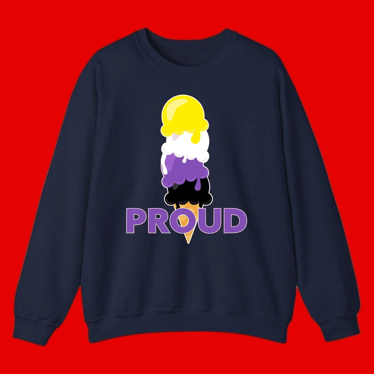 Colorful stacked ice cream cone with yellow, white, purple, and black scoops dripping down a waffle cone, with the word PROUD below