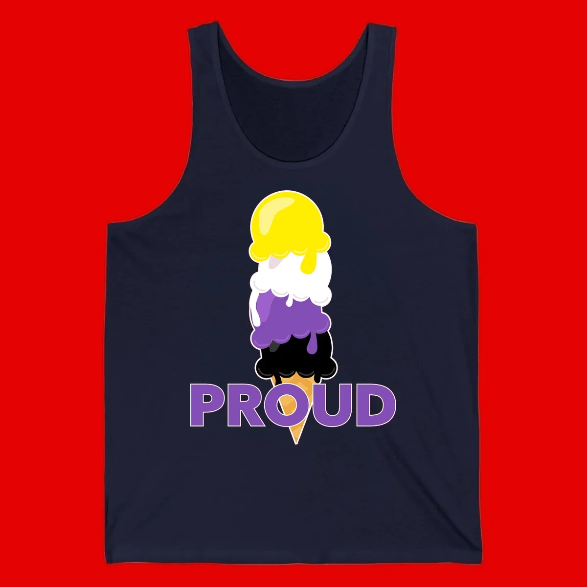 Colorful stacked ice cream cone with yellow, white, purple, and black scoops dripping down a waffle cone, with the word PROUD below