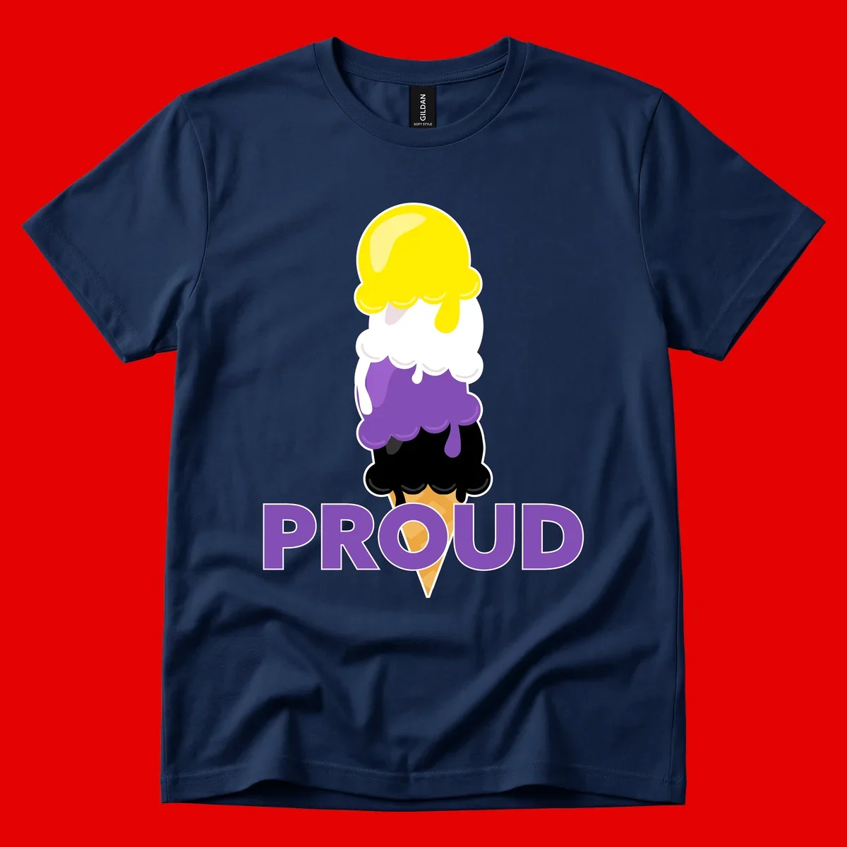 Colorful stacked ice cream cone with yellow, white, purple, and black scoops dripping down a waffle cone, with the word PROUD below