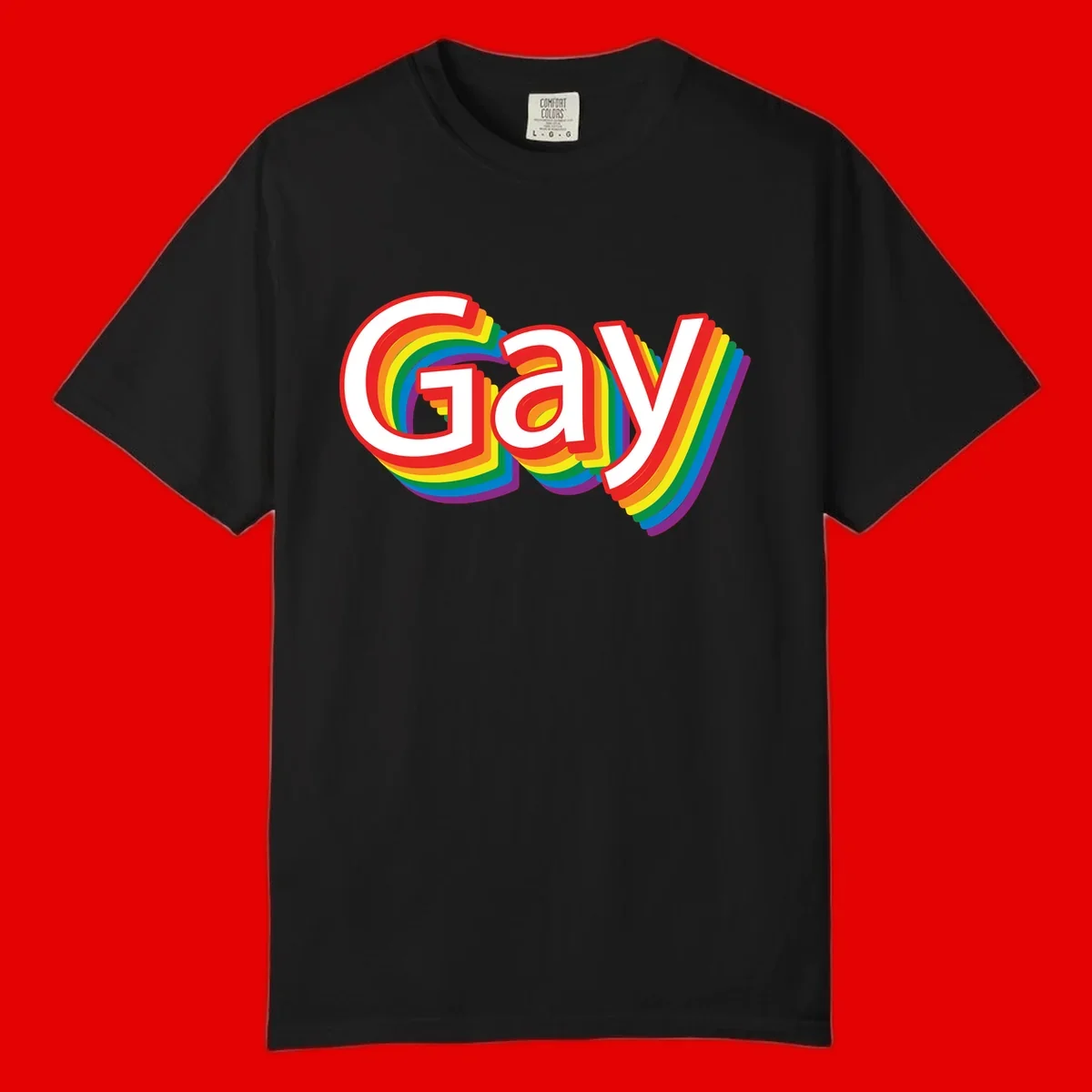 Colorful gay pride rainbow text design with bold red letters surrounded by concentric rainbow stripes in pride flag colors