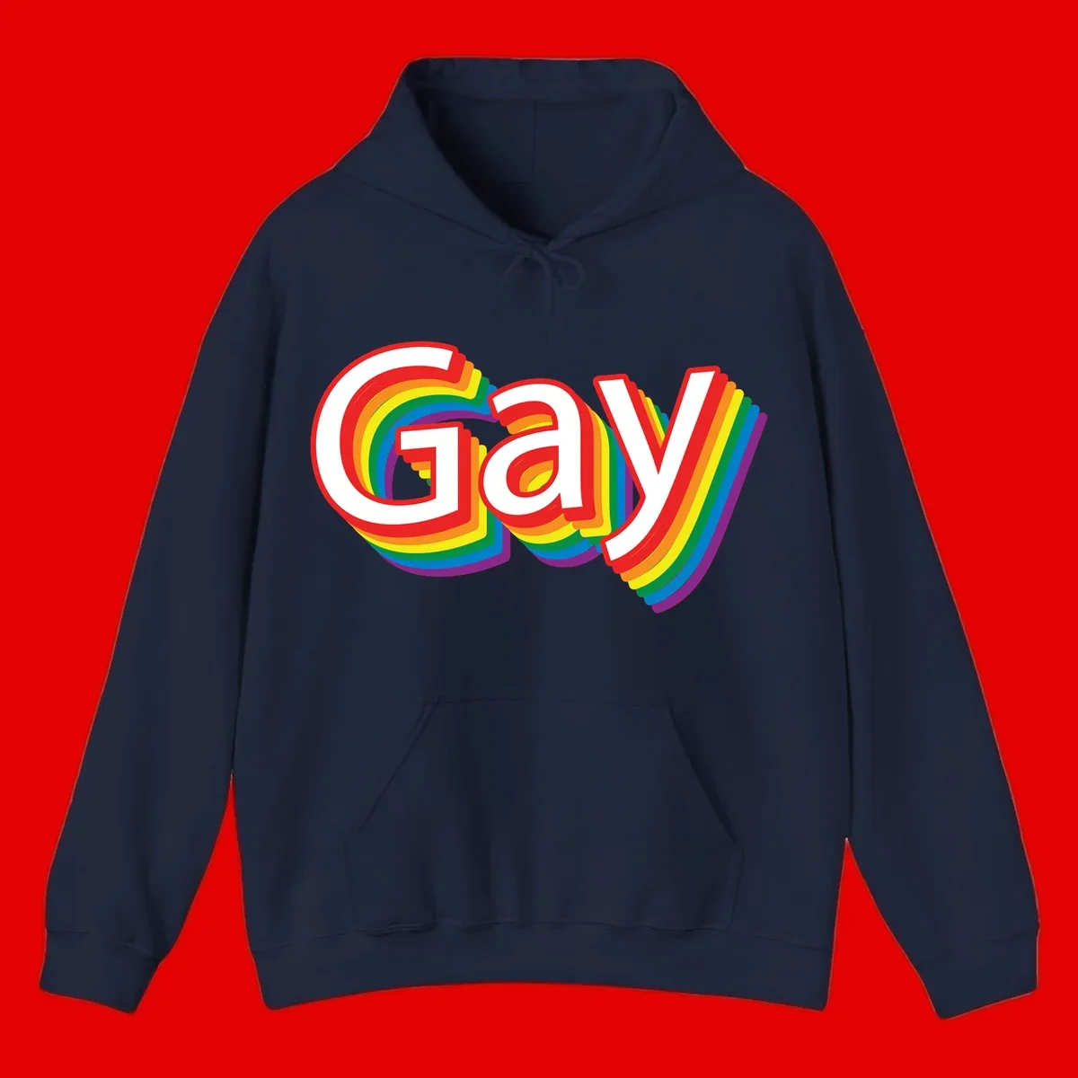 Colorful gay pride rainbow text design with bold red letters surrounded by concentric rainbow stripes in pride flag colors