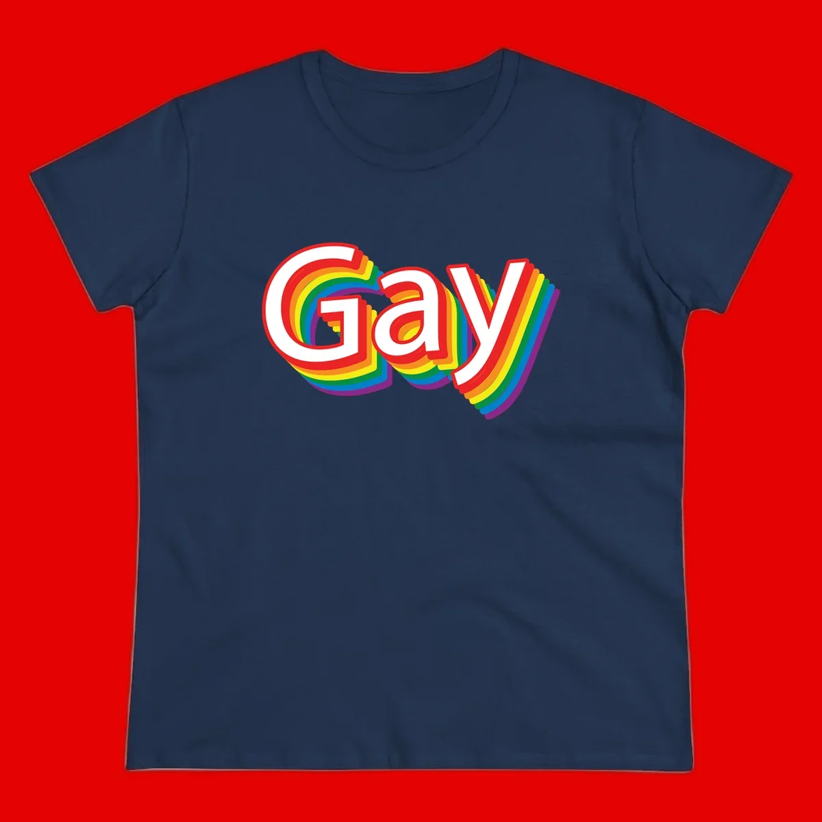 Colorful gay pride rainbow text design with bold red letters surrounded by concentric rainbow stripes in pride flag colors