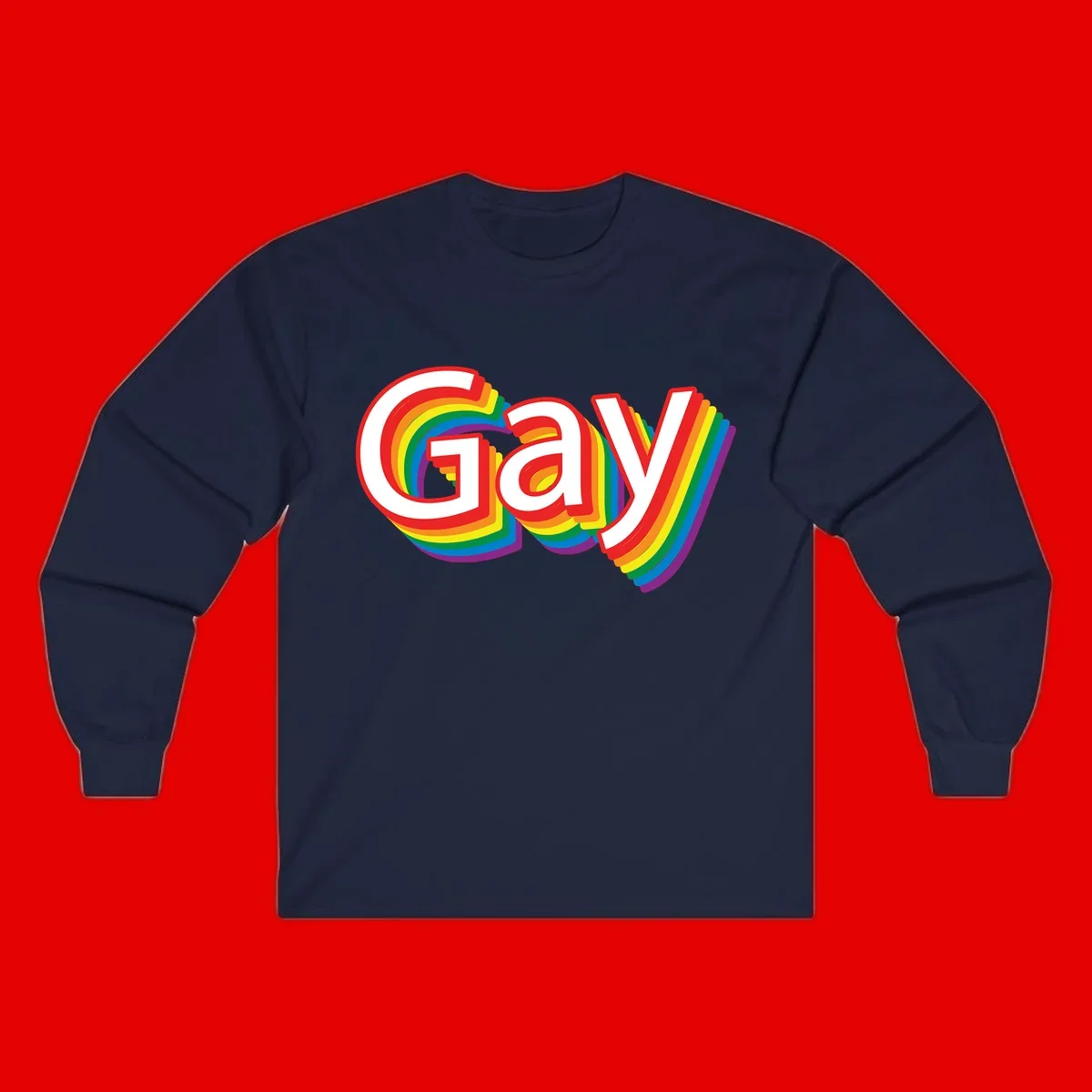 Colorful gay pride rainbow text design with bold red letters surrounded by concentric rainbow stripes in pride flag colors