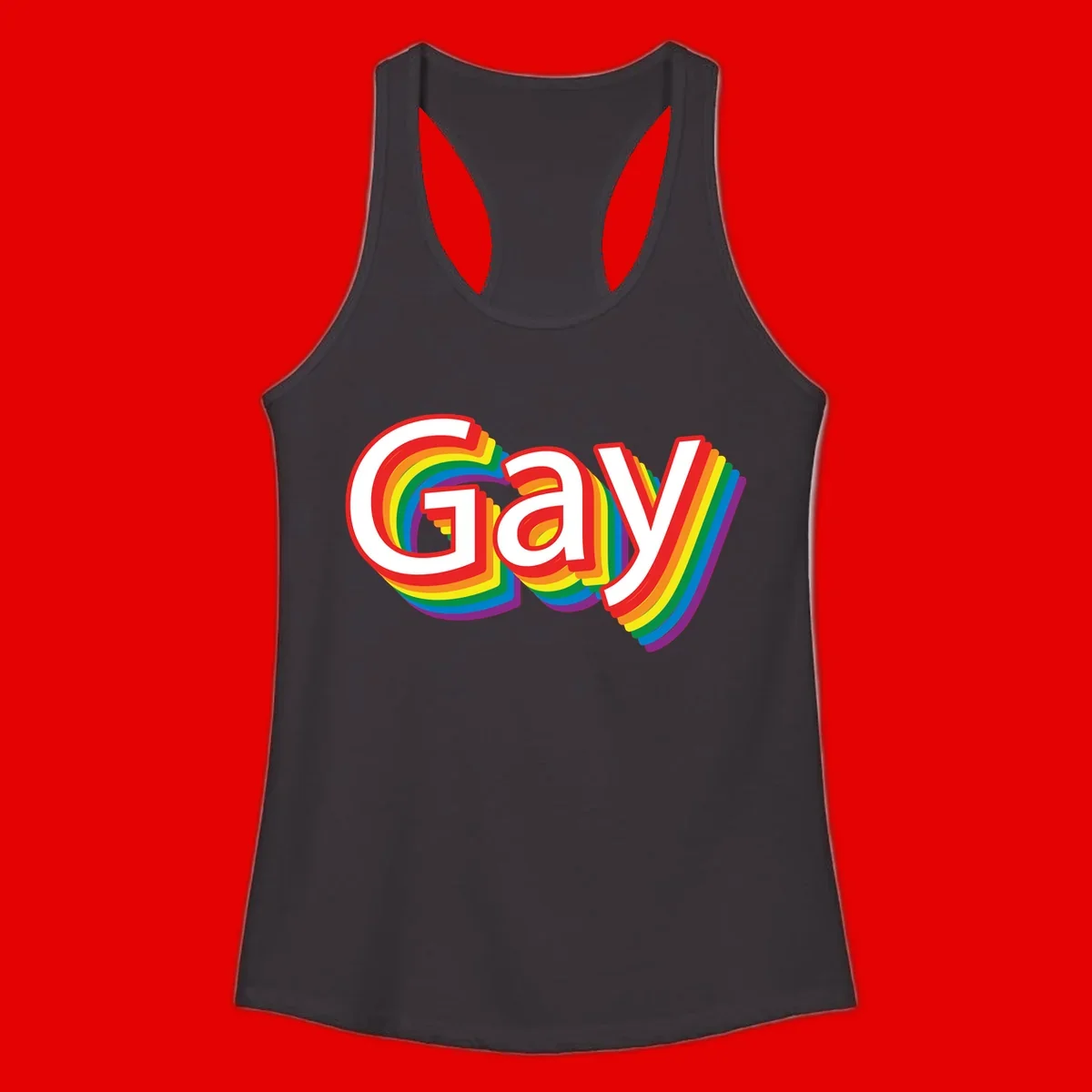 Colorful gay pride rainbow text design with bold red letters surrounded by concentric rainbow stripes in pride flag colors