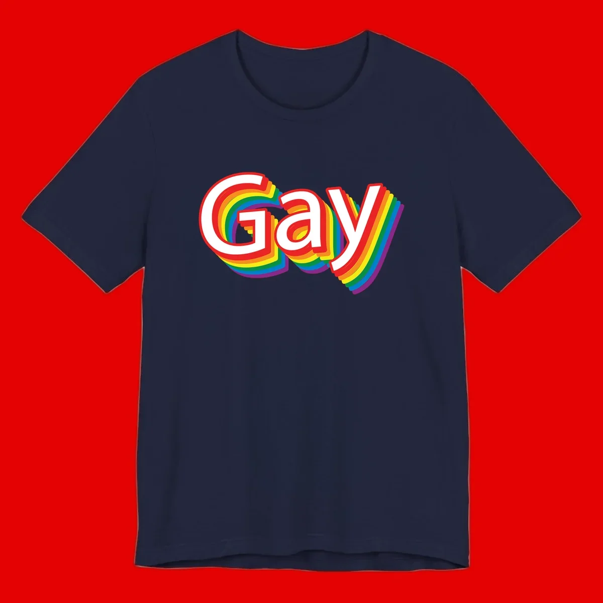 Colorful gay pride rainbow text design with bold red letters surrounded by concentric rainbow stripes in pride flag colors