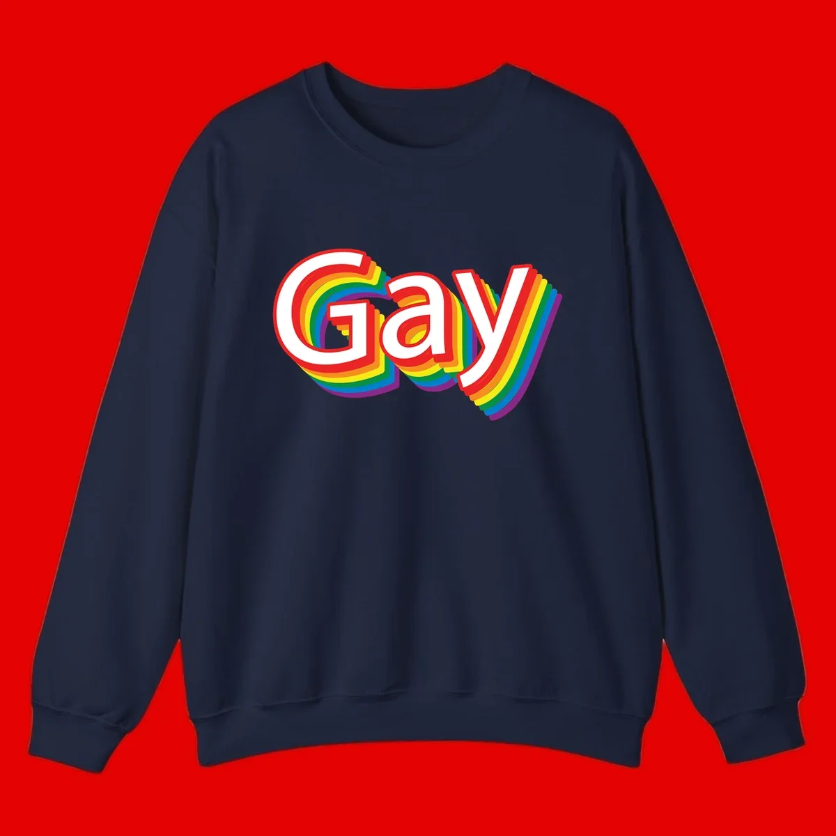 Colorful gay pride rainbow text design with bold red letters surrounded by concentric rainbow stripes in pride flag colors