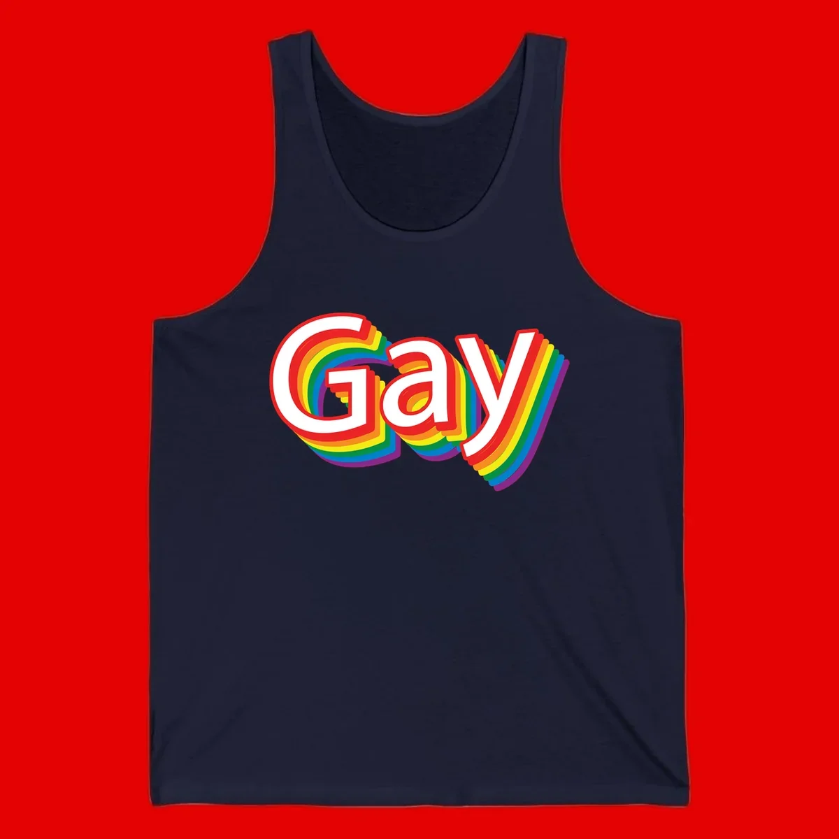 Colorful gay pride rainbow text design with bold red letters surrounded by concentric rainbow stripes in pride flag colors
