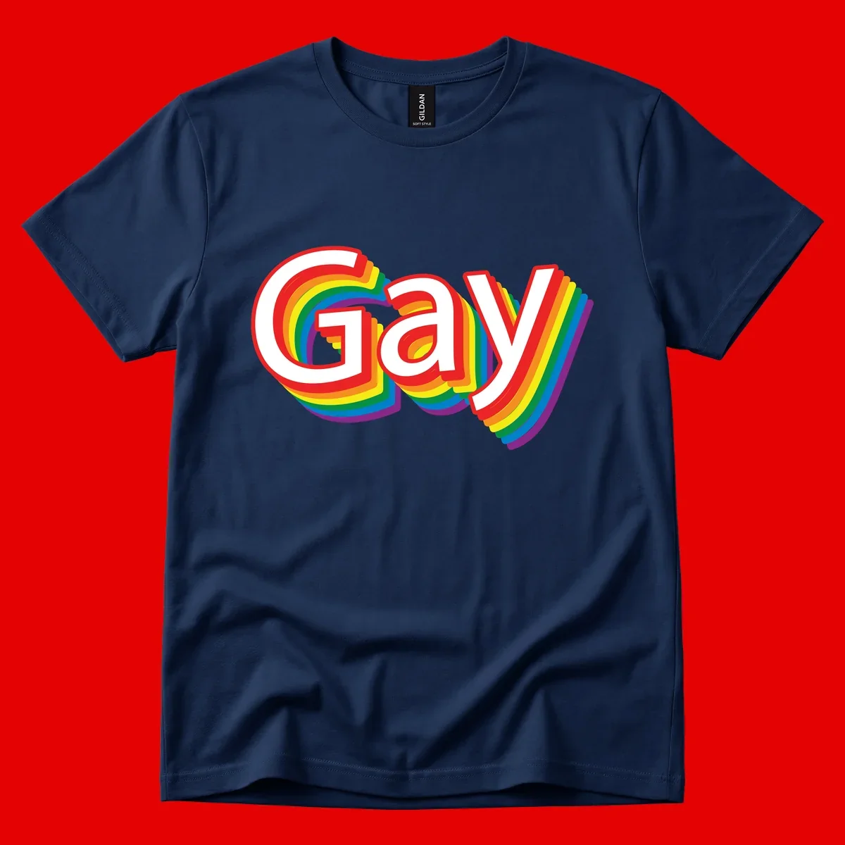 Colorful gay pride rainbow text design with bold red letters surrounded by concentric rainbow stripes in pride flag colors