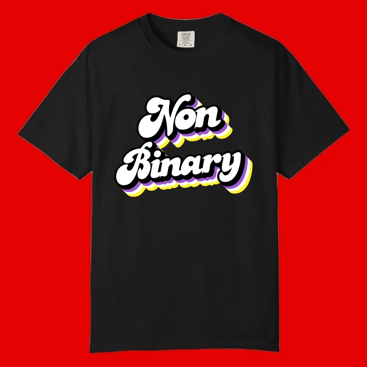 Non-binary pride cloud design with bold white lettering outlined in black and purple-yellow striped cloud shapes.
