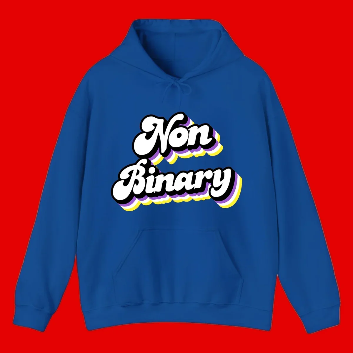 Non-binary pride cloud design with bold white lettering outlined in black and purple-yellow striped cloud shapes.