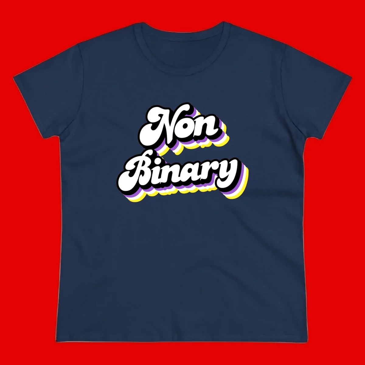 Non-binary pride cloud design with bold white lettering outlined in black and purple-yellow striped cloud shapes.