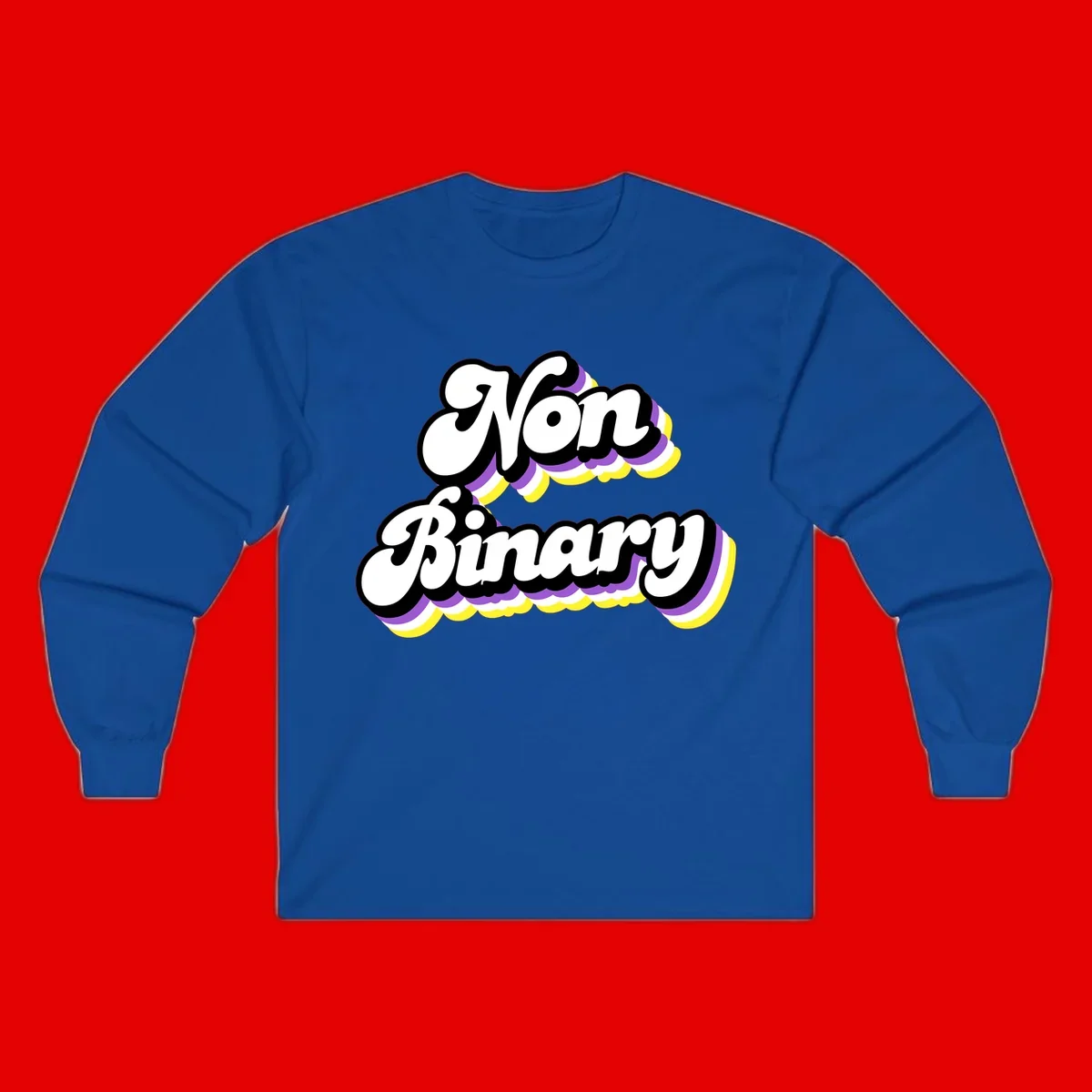 Non-binary pride cloud design with bold white lettering outlined in black and purple-yellow striped cloud shapes.