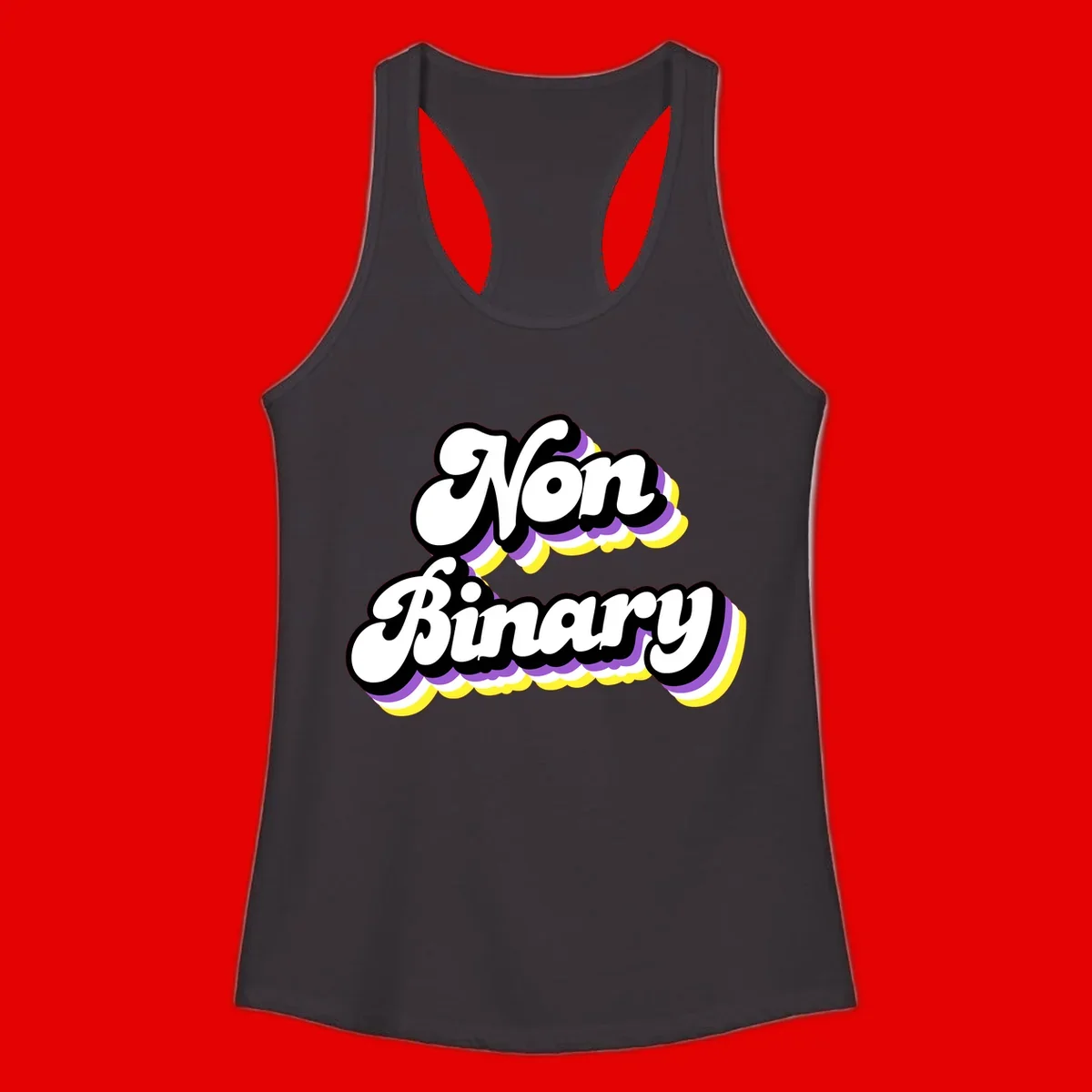 Non-binary pride cloud design with bold white lettering outlined in black and purple-yellow striped cloud shapes.