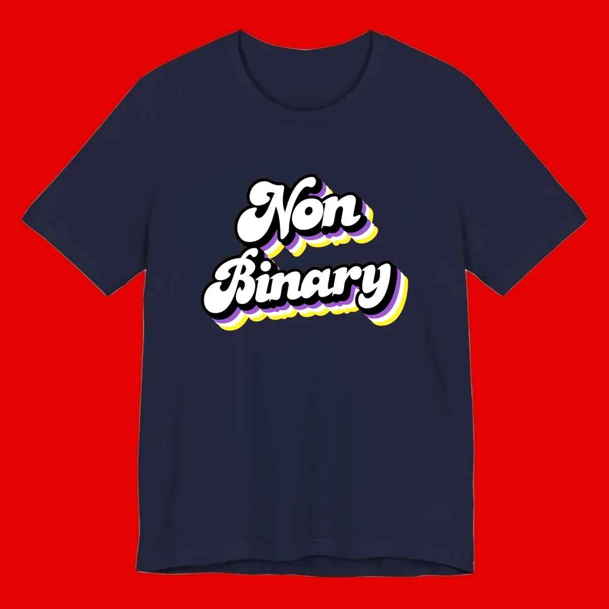 Non-binary pride cloud design with bold white lettering outlined in black and purple-yellow striped cloud shapes.