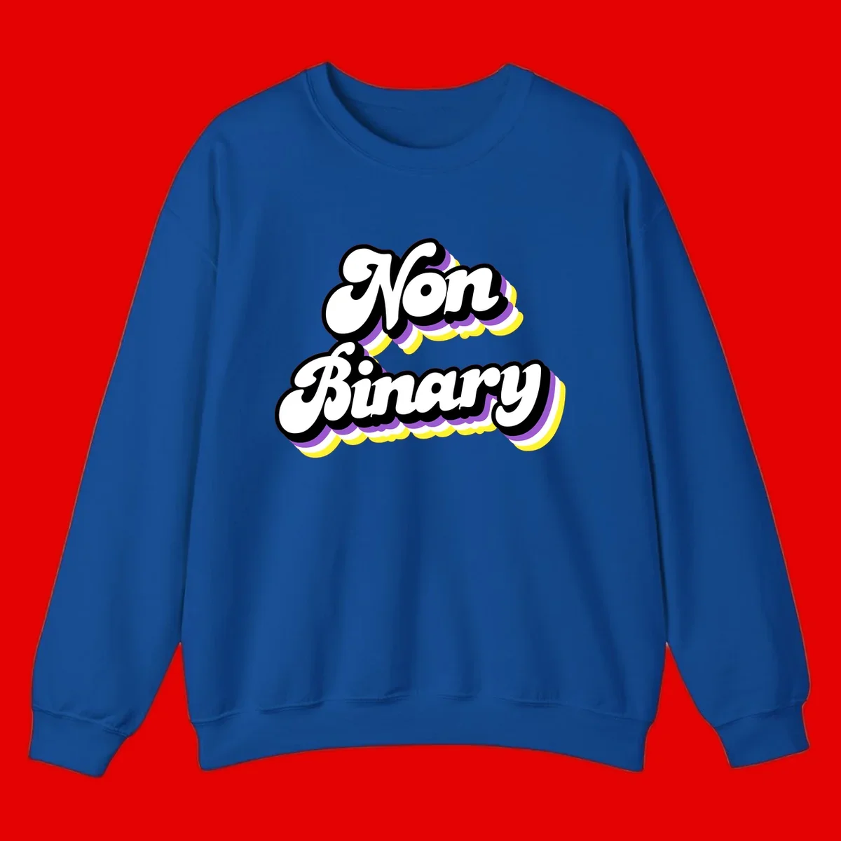 Non-binary pride cloud design with bold white lettering outlined in black and purple-yellow striped cloud shapes.