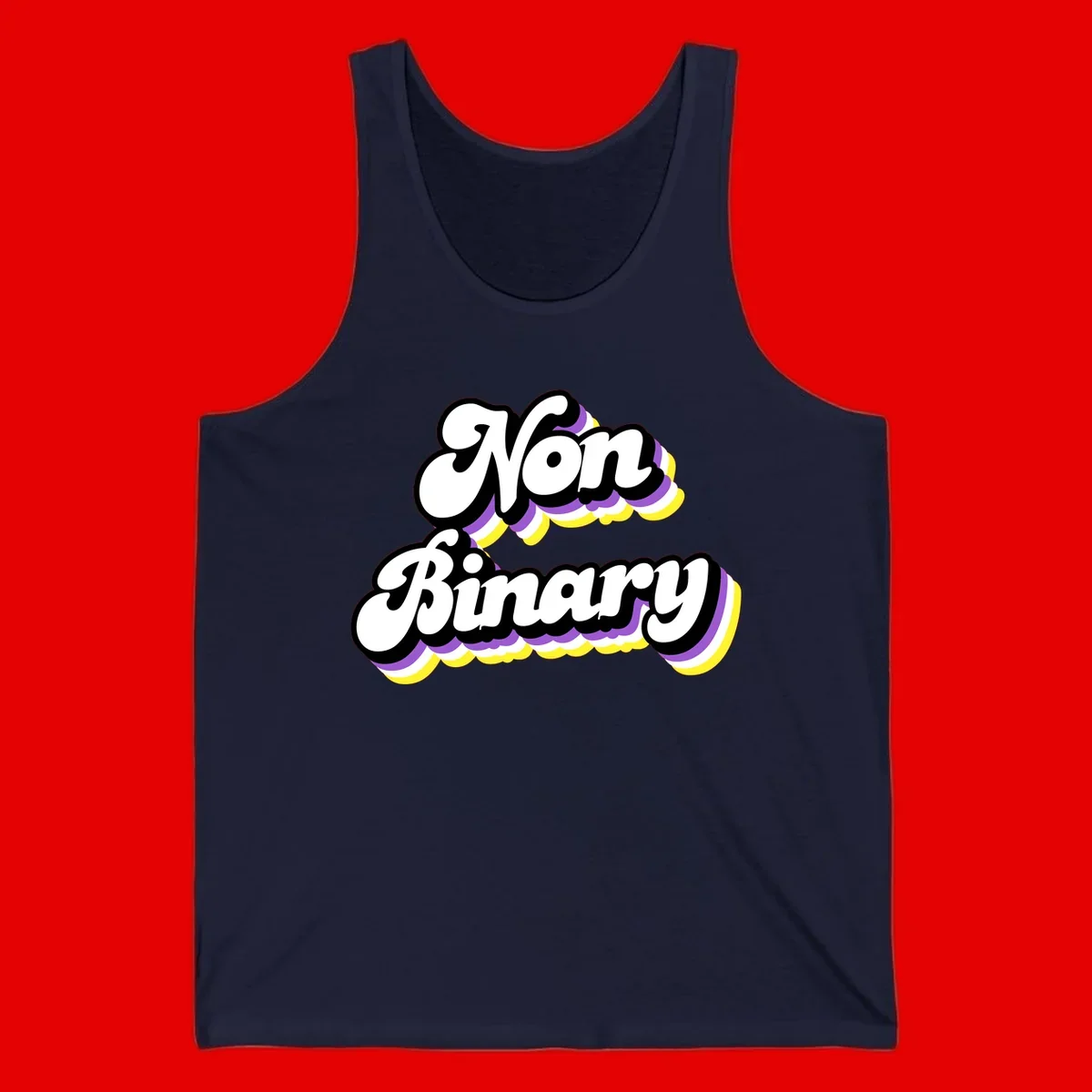 Non-binary pride cloud design with bold white lettering outlined in black and purple-yellow striped cloud shapes.