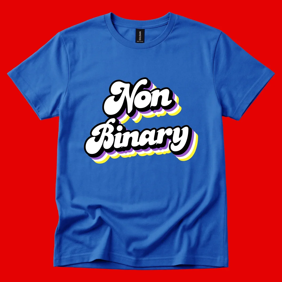 Non-binary pride cloud design with bold white lettering outlined in black and purple-yellow striped cloud shapes.