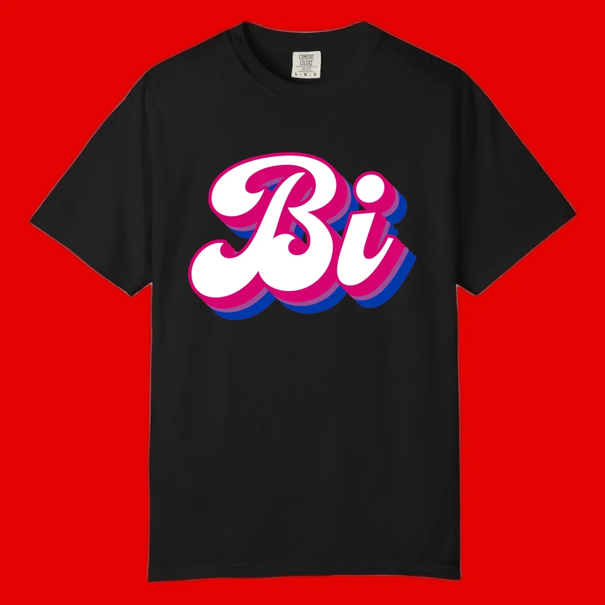 Bold pride dimensional letters design with hot pink, navy blue, and purple 3D layered typography effect