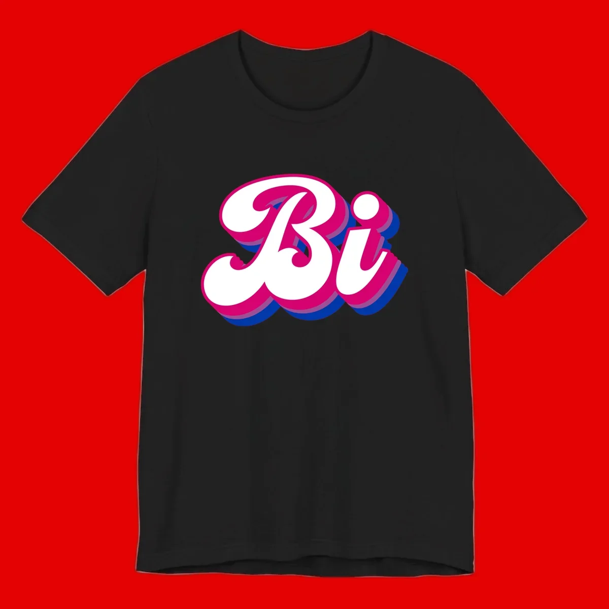 Bold pride dimensional letters design with hot pink, navy blue, and purple 3D layered typography effect