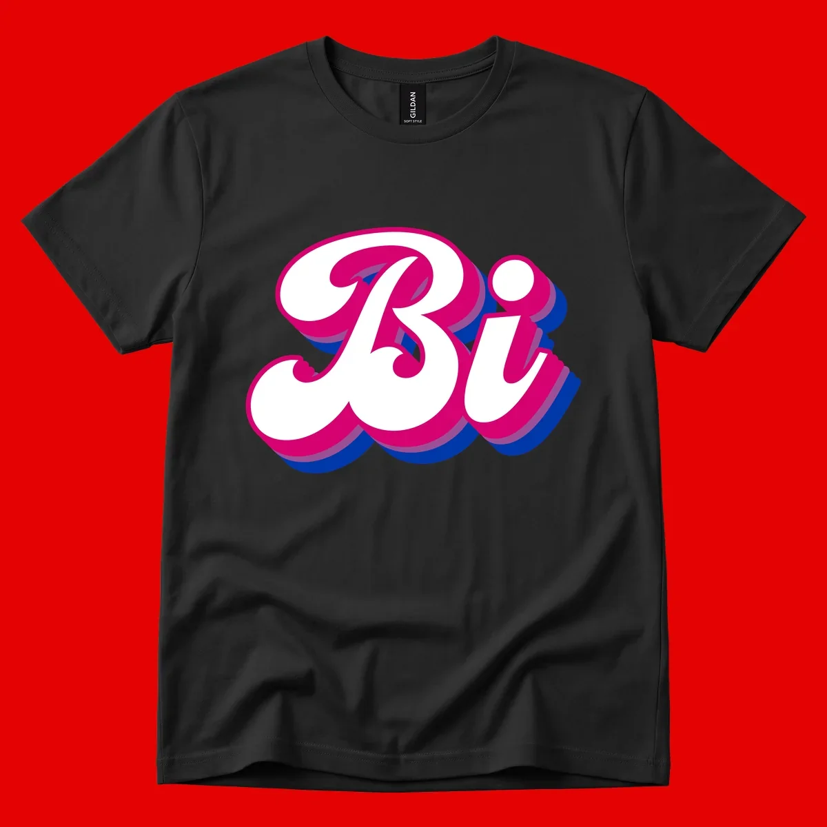 Bold pride dimensional letters design with hot pink, navy blue, and purple 3D layered typography effect