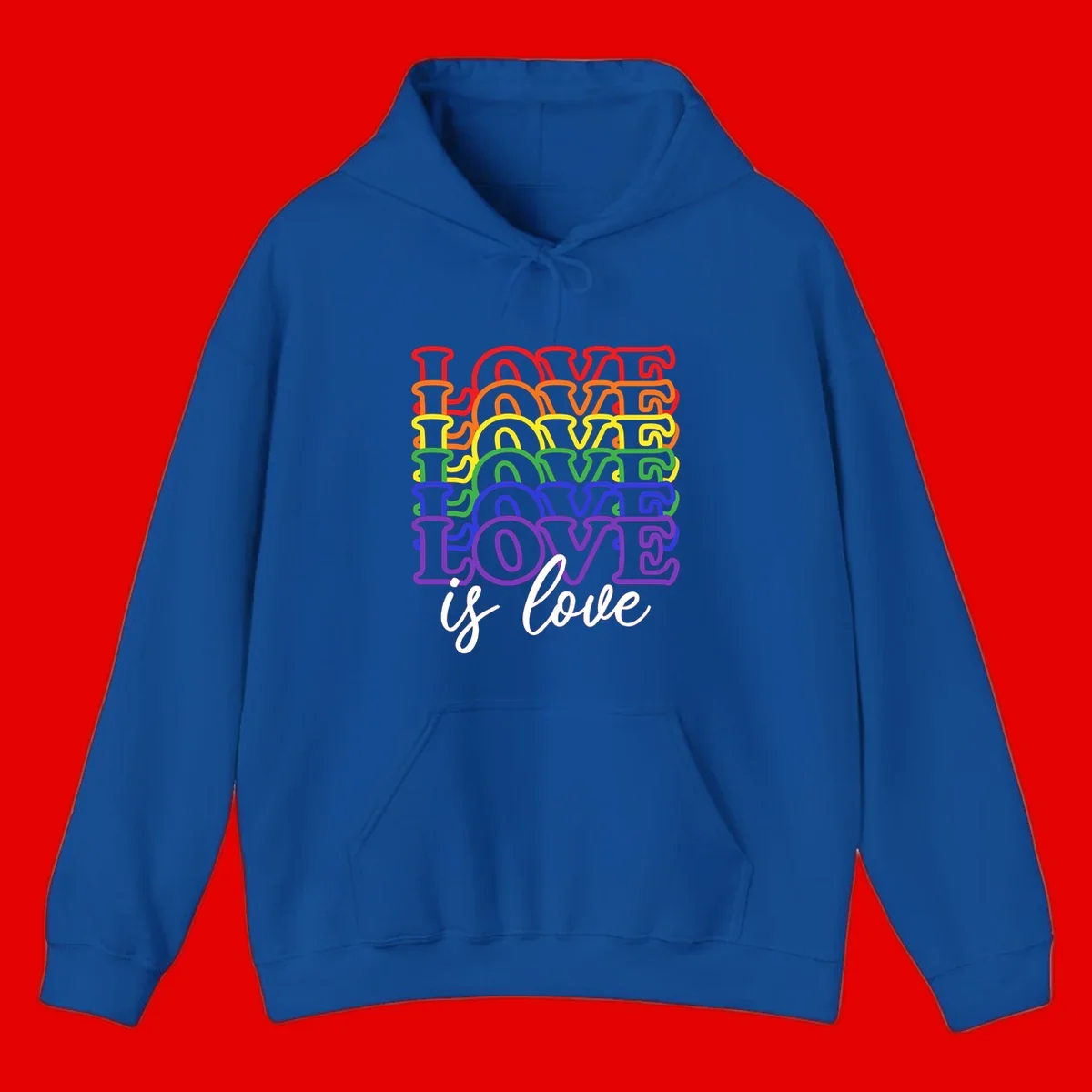 Love is love rainbow pride design with stacked colorful letters in red, orange, yellow, green, blue, and purple