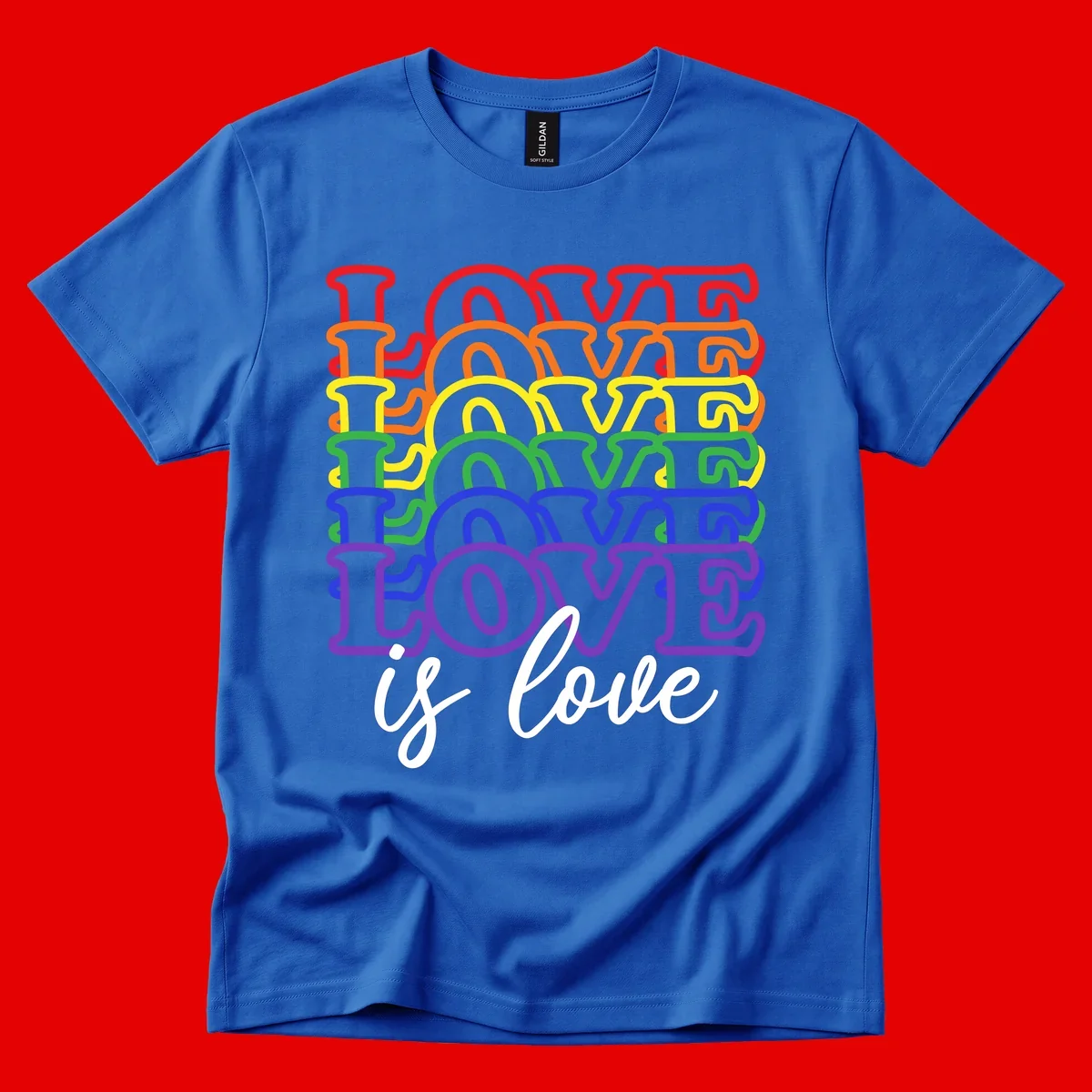 Love is love rainbow pride design with stacked colorful letters in red, orange, yellow, green, blue, and purple