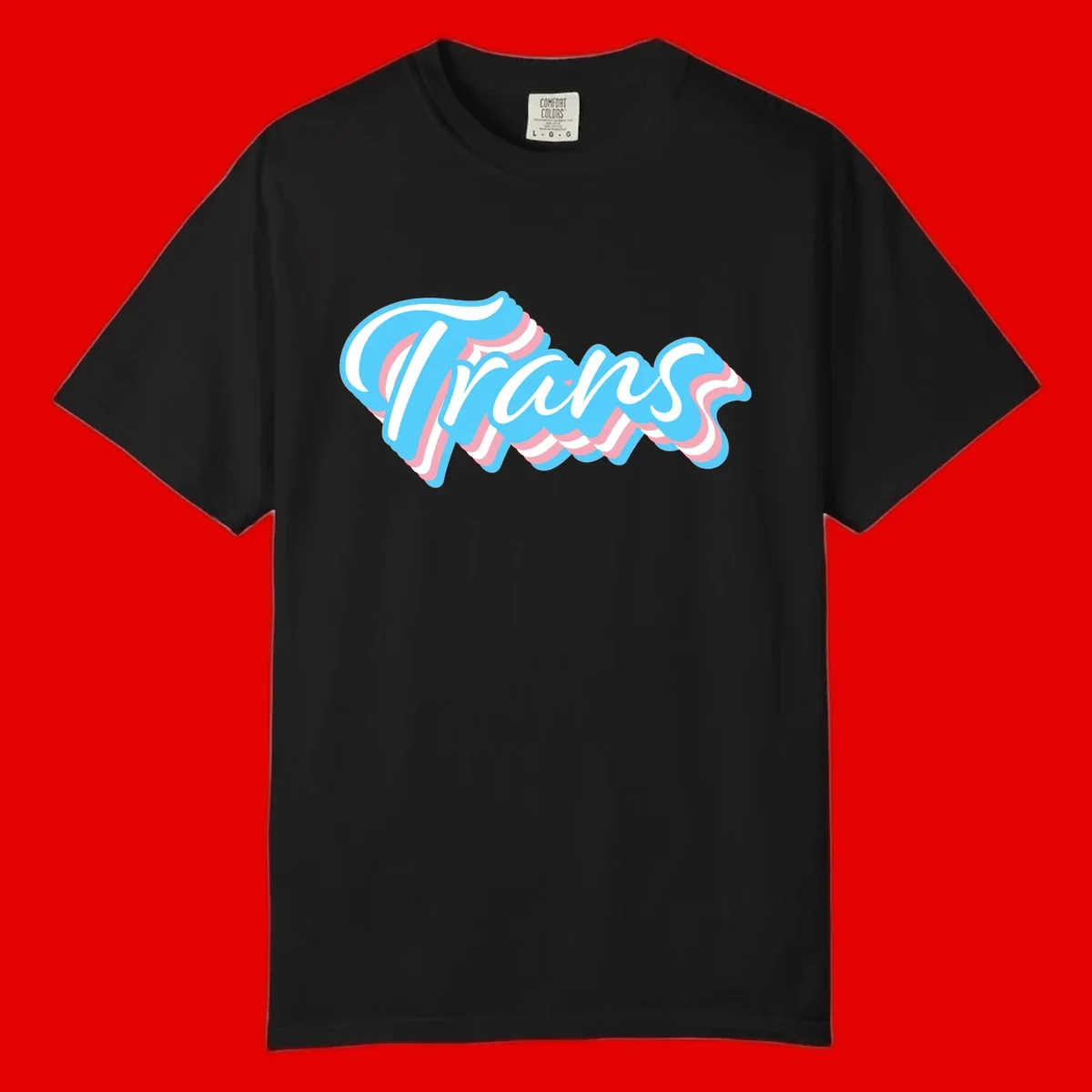 Waves pride flow design featuring white cursive text with layered pink and blue wavy patterns on a gray background