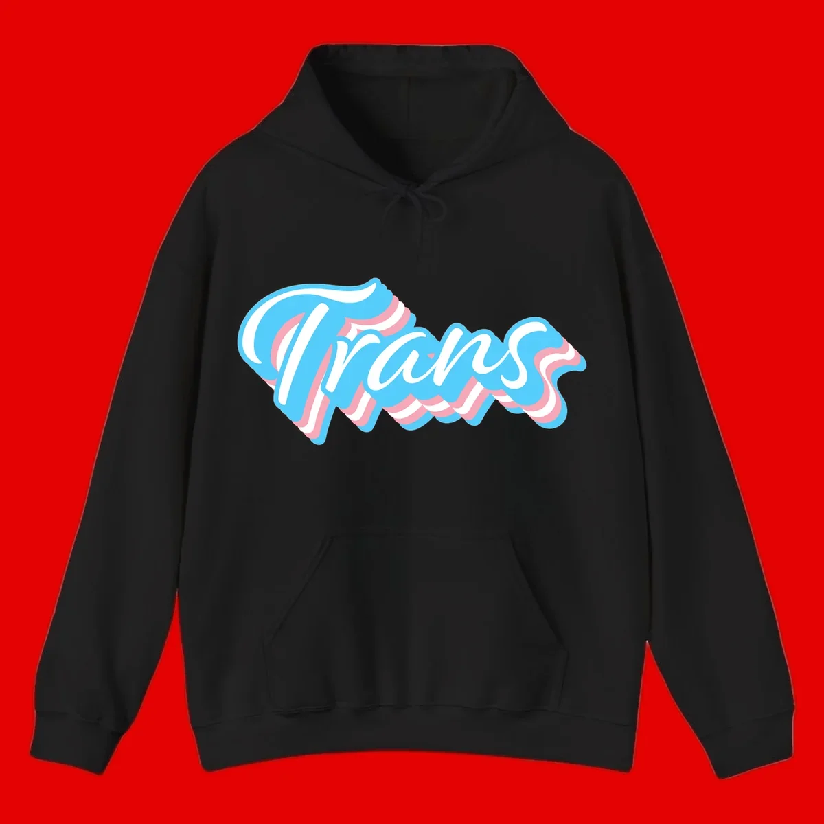 Waves pride flow design featuring white cursive text with layered pink and blue wavy patterns on a gray background