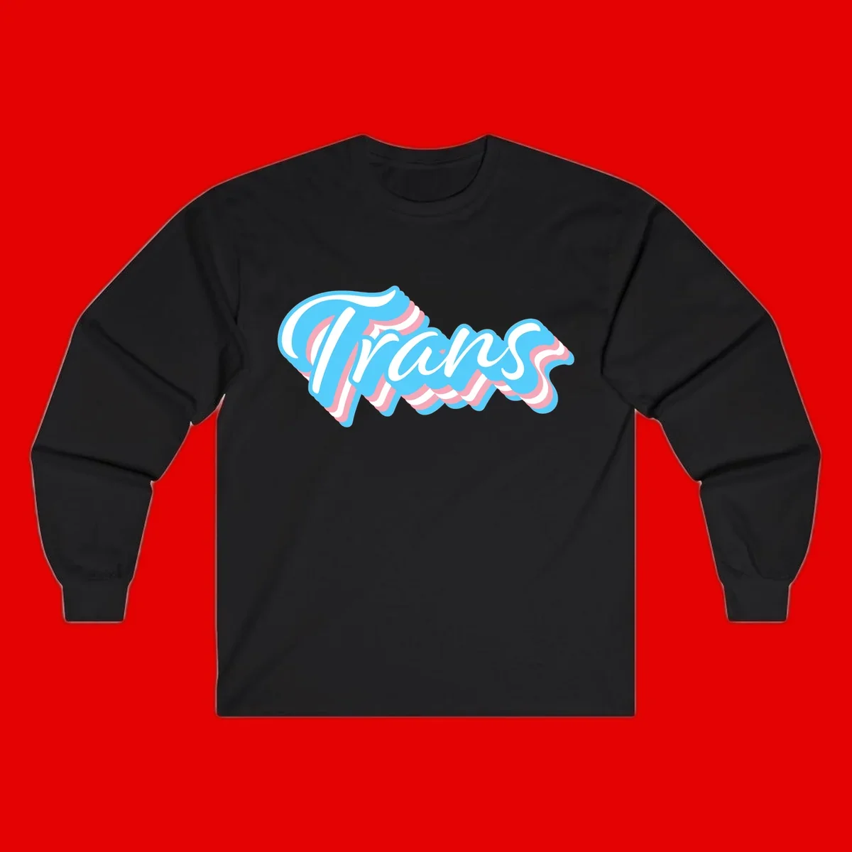 Waves pride flow design featuring white cursive text with layered pink and blue wavy patterns on a gray background