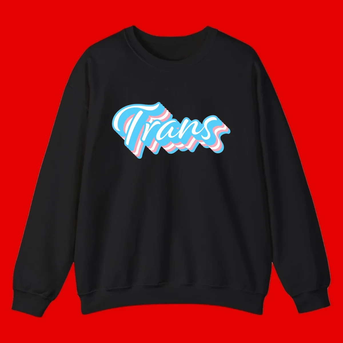 Waves pride flow design featuring white cursive text with layered pink and blue wavy patterns on a gray background